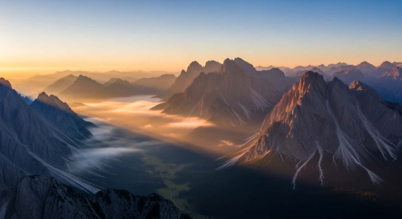 震撼4K自然風景壁紙，美麗自然景觀高清壁紙，壯麗自然4K 壁紙 — 陽光灑落在崎嶇的山峰上，金色的雲朵在山谷中飄蕩。