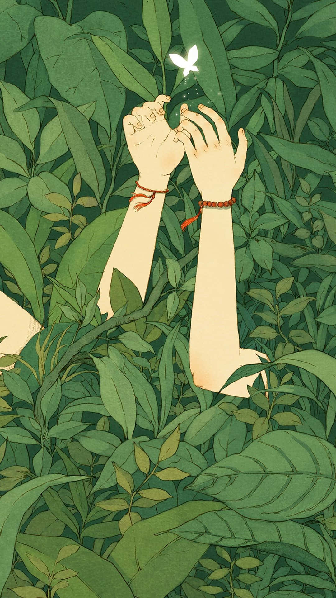 感受花木蘭的勇氣與堅毅——4K綠色華服壁紙 壁紙 — 插圖中的手輕輕捧著一隻發光的白色蝴蝶，周圍是茂密的綠色樹葉。