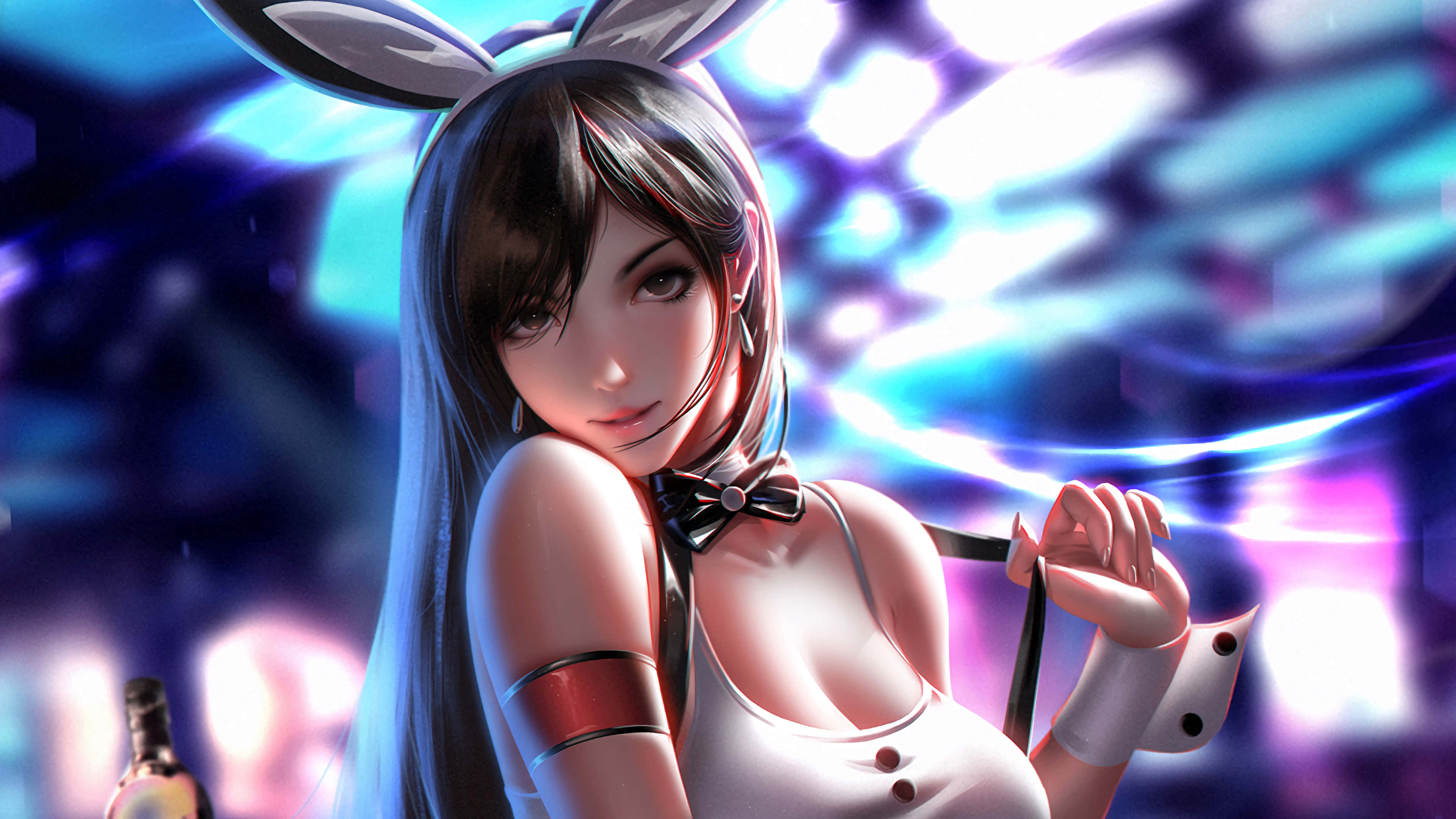 戴兔耳髮帶蒂法·洛克哈特 4K 壁紙 — 一個美麗的動漫女孩，戴著兔耳和蝴蝶結，在發光的霓虹燈背景下自信地擺姿勢。