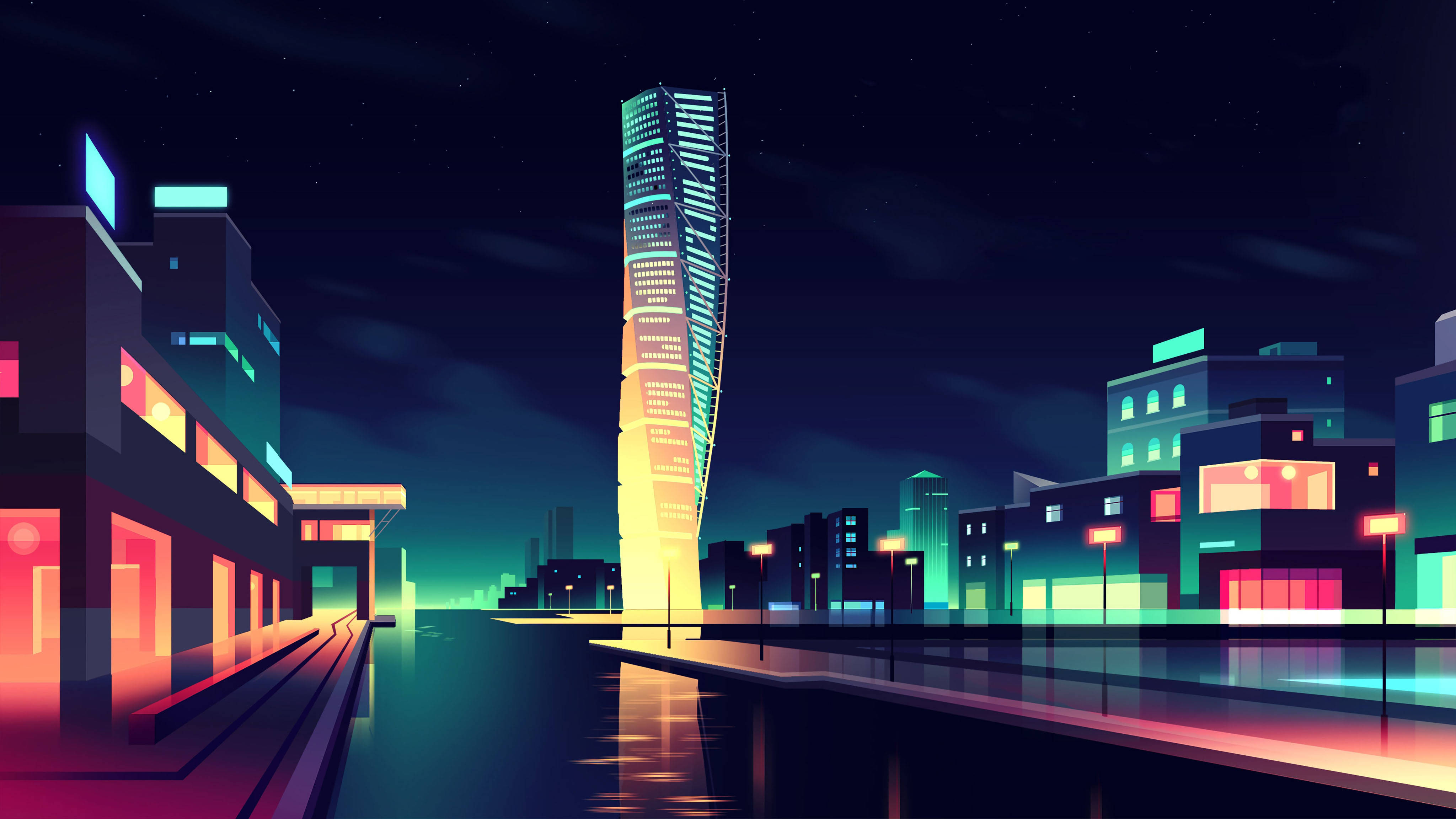 4K極簡轉身塔 壁紙 — 霓虹燈照亮嘅未來城市夜景，一座高聳入雲嘅摩天大樓喺星空下閃耀。