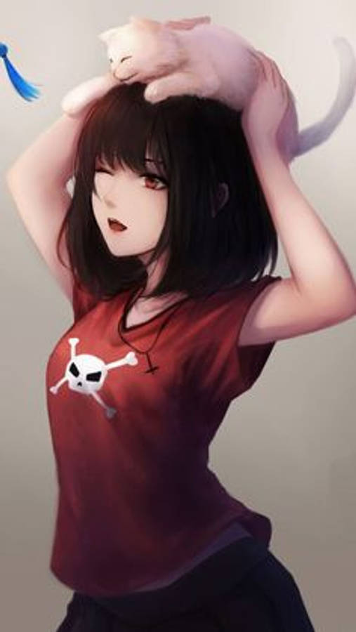 小荻 4K 動畫手機壁紙 壁紙 — 一位年輕的動漫女孩，深色頭髮，穿著紅色骷髏T恤，一隻白貓趴在她的頭上休息。