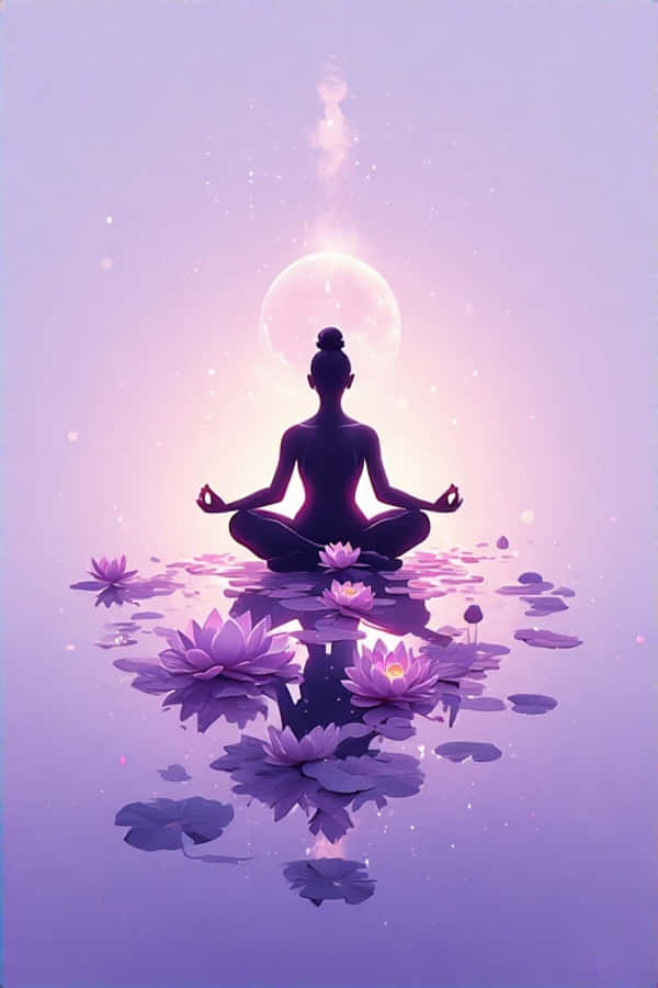 極簡瑜伽蓮花姿勢寧靜薰衣草 4K 壁紙 — 在夢幻般的紫色暮色中，一個寧靜的剪影在發光的月亮下的睡蓮上盤腿冥想。