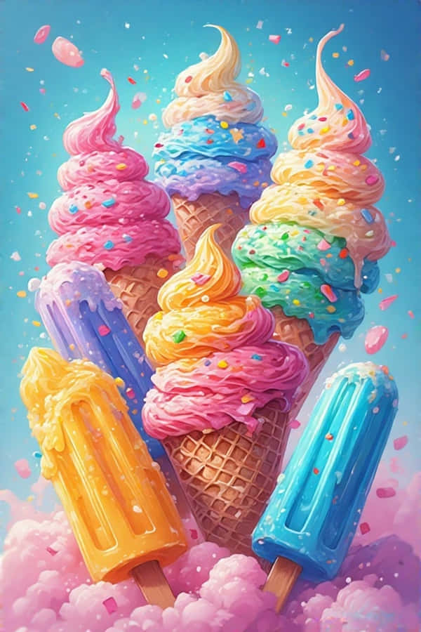 色彩繽紛的冰淇淋夏日歡樂 4K 壁紙 — 鮮豔的彩虹雪糕筒和冰棒在粉彩天空和粉紅雲朵的襯托下，灑滿了糖屑。