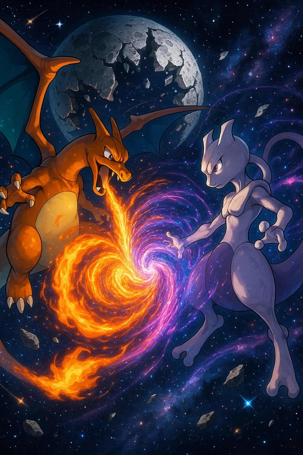 寶可夢噴火龍 4K 高清壁紙下載 壁紙 — Charizard 與 Mewtwo 在太空對決，互相發射火焰和超能力能量光束，背景是破碎的月亮和星空。