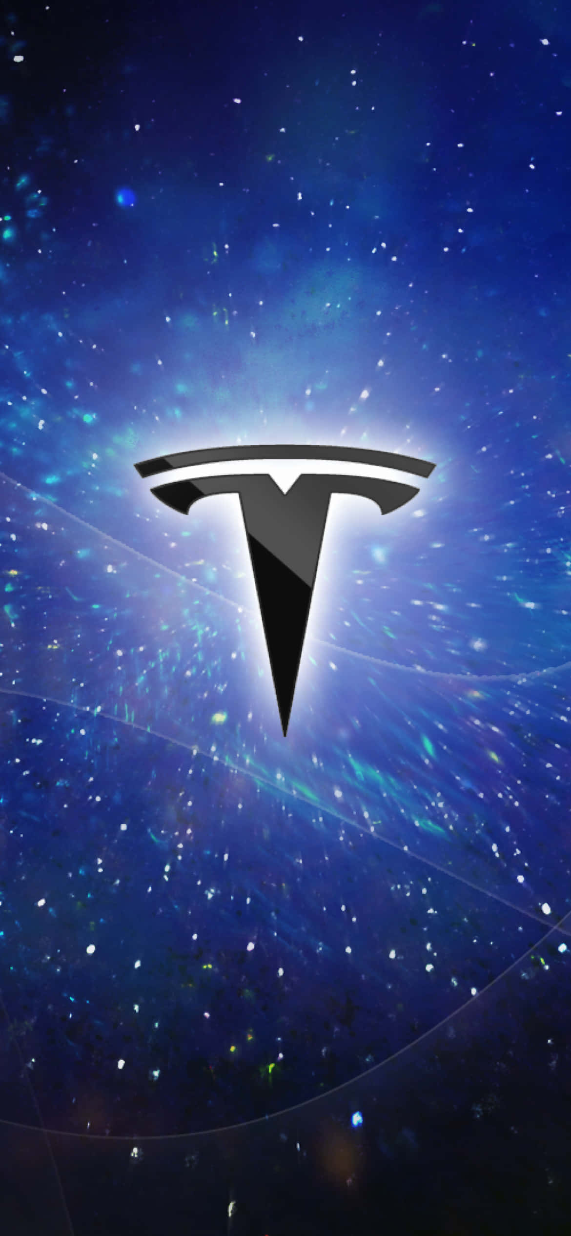 特斯拉標誌 4K 壁紙 — Tesla 標誌居中，背景為充滿活力的宇宙背景，帶有深藍色和紫色的發光星星和星雲。