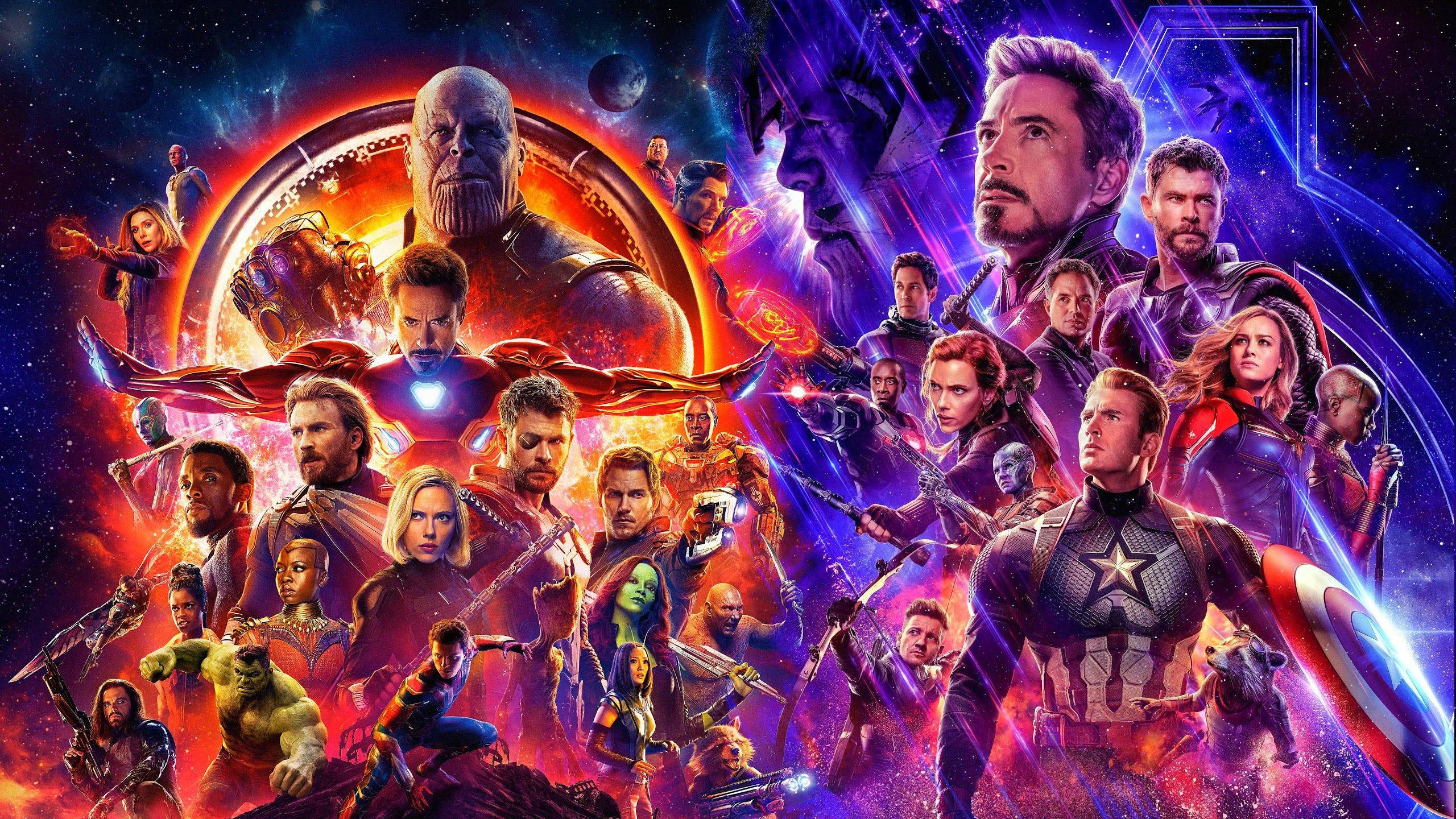 4K復仇者聯盟並排海報 壁紙 — 一個充滿活力的宇宙戰鬥場景， featuring Marvel 超級英雄和反派，背景是星雲。