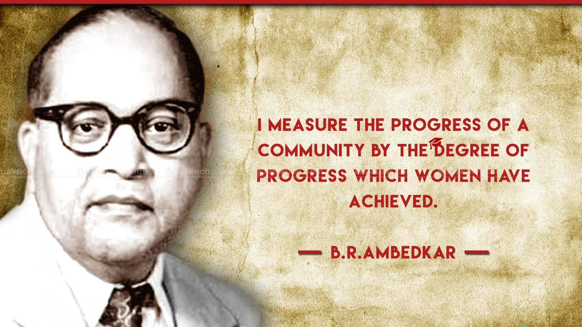 安貝德卡 4K 名言 壁紙 — B.R. Ambedkar 的肖像，紅色文字在陳舊羊皮紙背景上的引文。