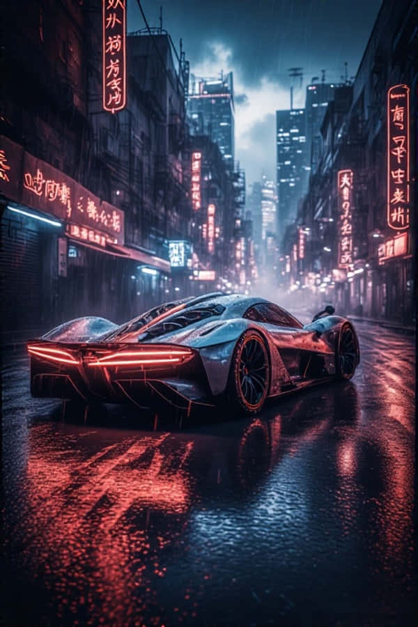 霓虹雨巷中的賽博龐克超跑——未來感4K 壁紙 — 一輛流線型未來主義跑車在夜晚穿過濕漉漉的霓虹燈光下的賽博朋克城市街道。