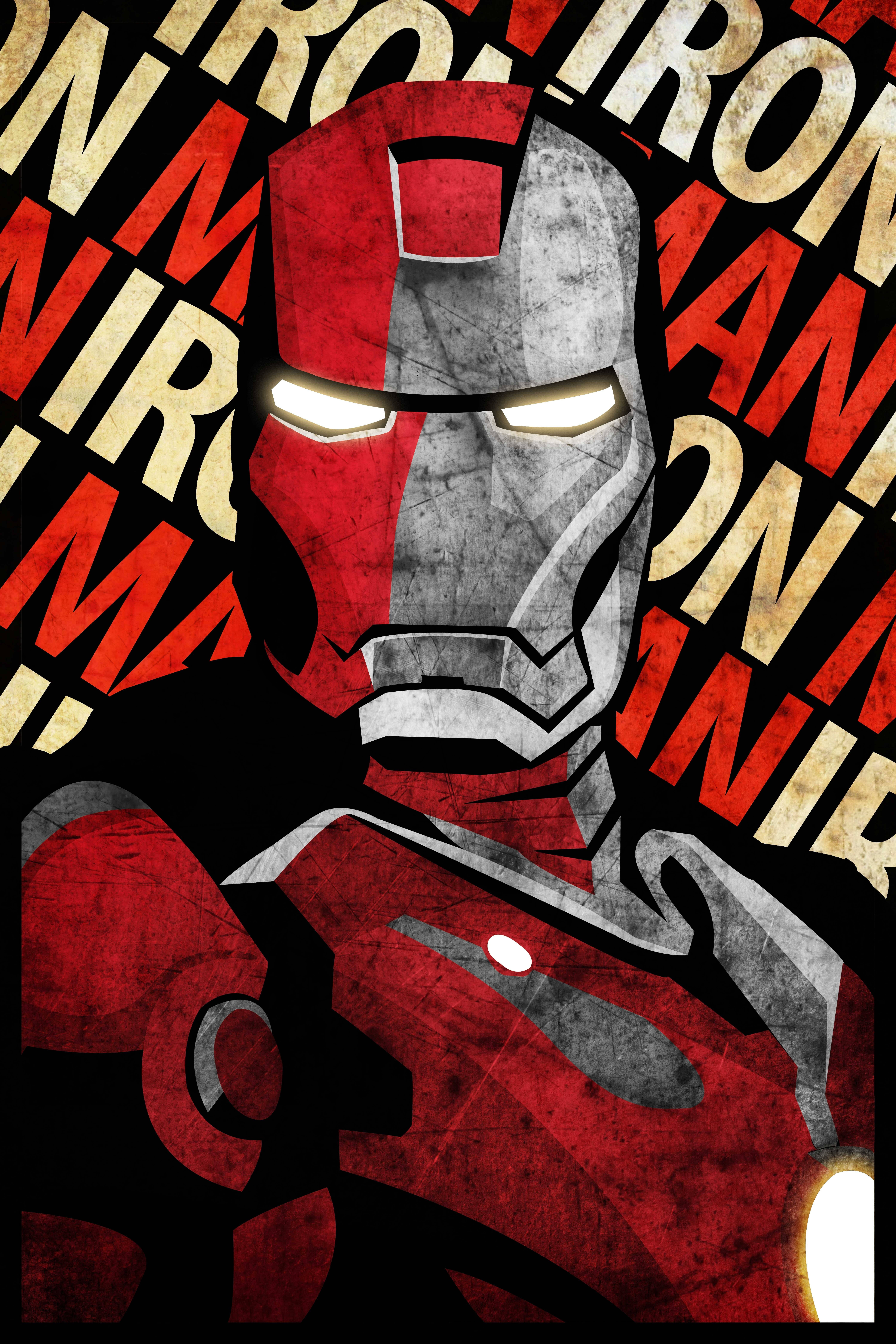 鋼鐵人 4K 冷酷藝術 壁紙 — 鐵甲奇俠的頭盔在重複的紅色和米色「IRON MAN」文字的粗糙背景上，散發出強烈的白色眼睛光芒。