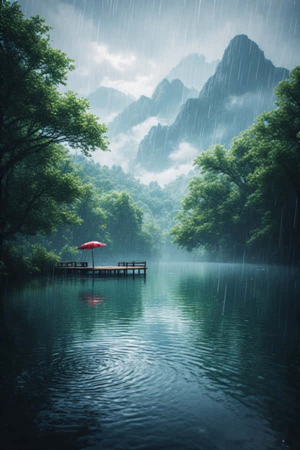 綠林雨湖動畫風寧靜自然 4K 壁紙 — 一把孤獨的紅色雨傘在霧氣瀰漫的湖邊木碼頭上遮雨，雨水落在高聳的綠色山巒上。