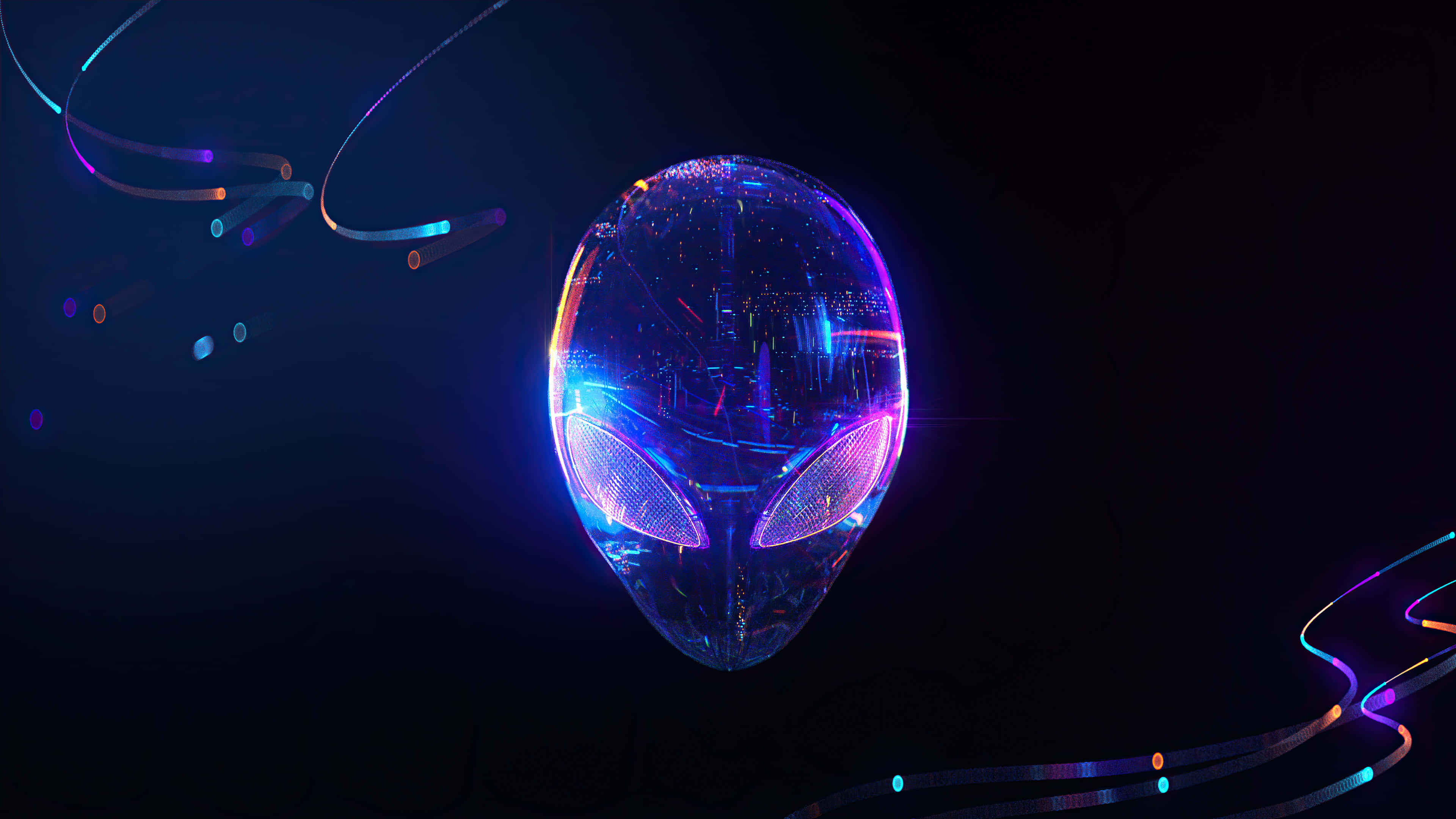 經典異形從《異形》中震撼4K畫面 壁紙 — 一個發光的外星人頭部，帶有霓虹紫色和藍色燈光，在黑暗的宇宙背景中脈動，伴隨著旋轉的數位軌跡。