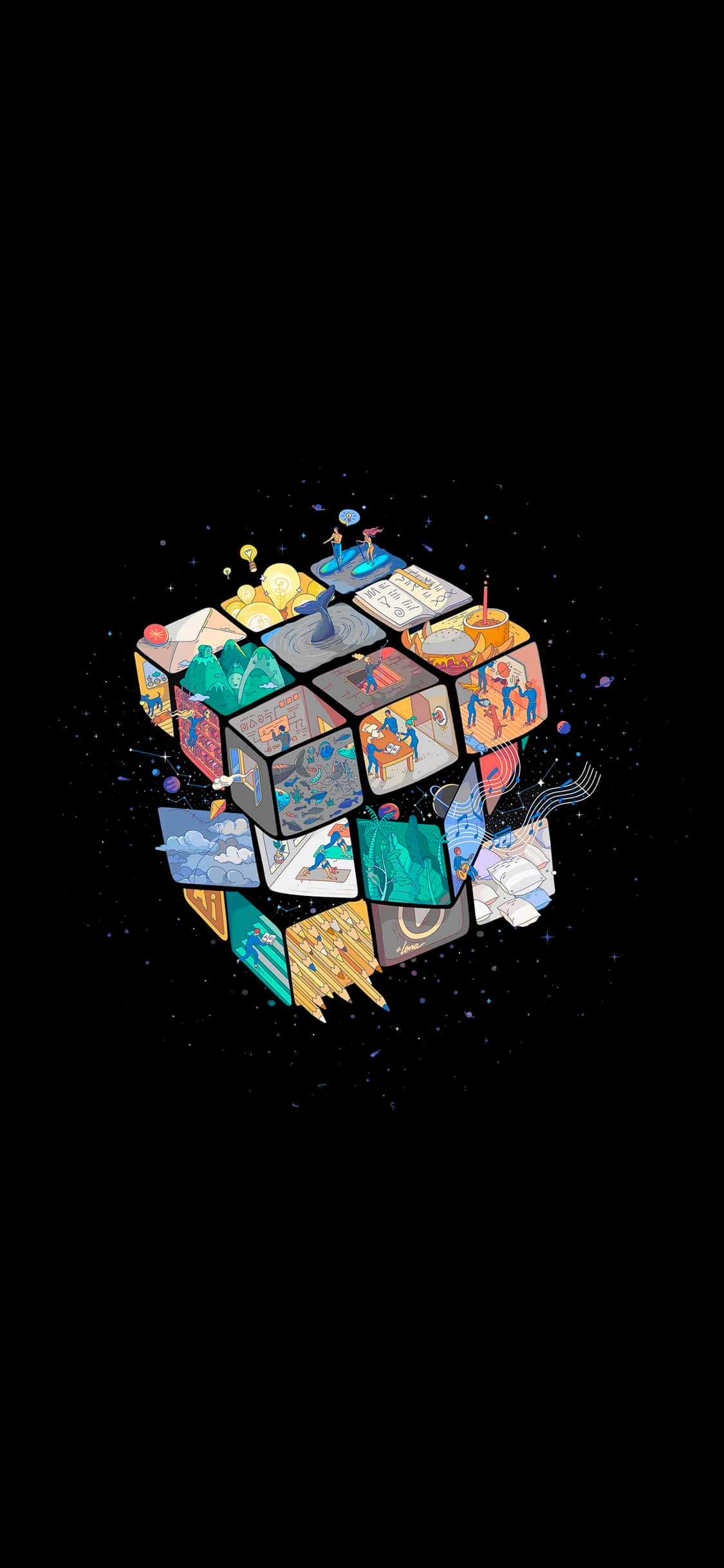 4K AMOLED 背景：不同紋理的魔方 壁紙 — 一個漂浮的立方體，每個面上都有色彩繽紛的插圖場景，背景是星空黑色。