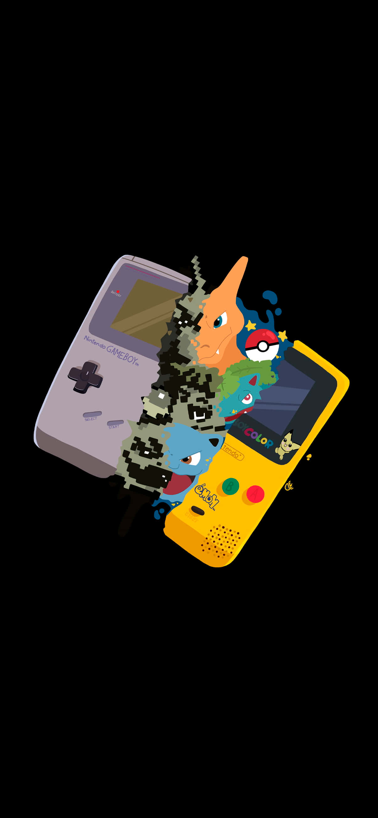 4K AMOLED 背景 寵物小精靈衝破Game Boy 壁紙 — 兩部 Game Boy 主機爆炸，色彩繽紛的像素化寶可夢從螢幕中迸出，背景為黑色。