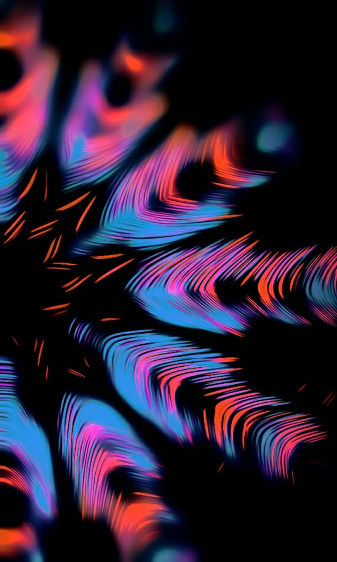 4K AMOLED 背景：彩色抽象羽毛 壁紙 — 充滿活力的霓虹藍和粉紅色條紋在深黑色背景上動態旋轉，形成迷人的數碼抽象圖案。