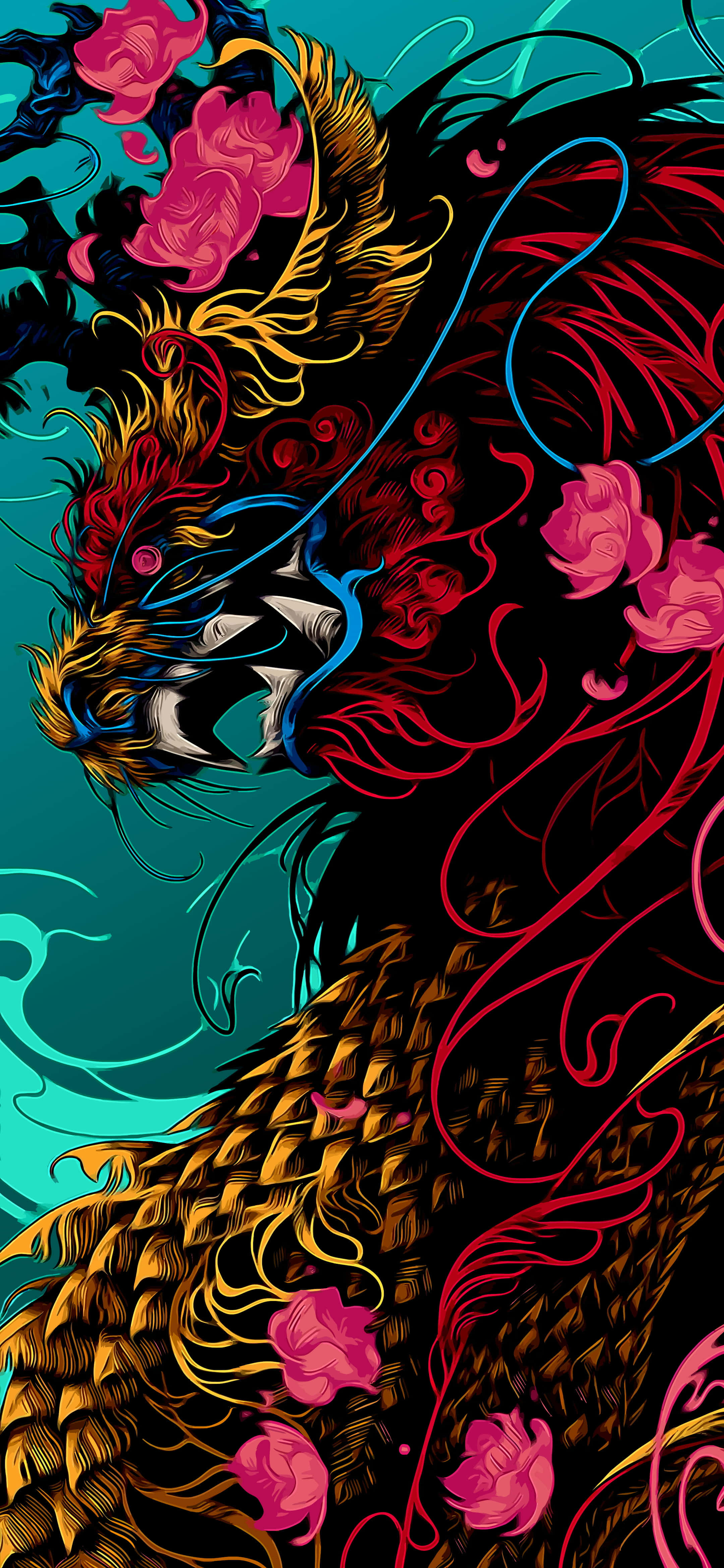 4K AMOLED 背景 日本龍畫作 壁紙 — 一隻風格化的龍，帶有火焰般的鬃毛和粉紅色的花朵，在青綠色的背景上以大膽的圖形藝術旋轉。
