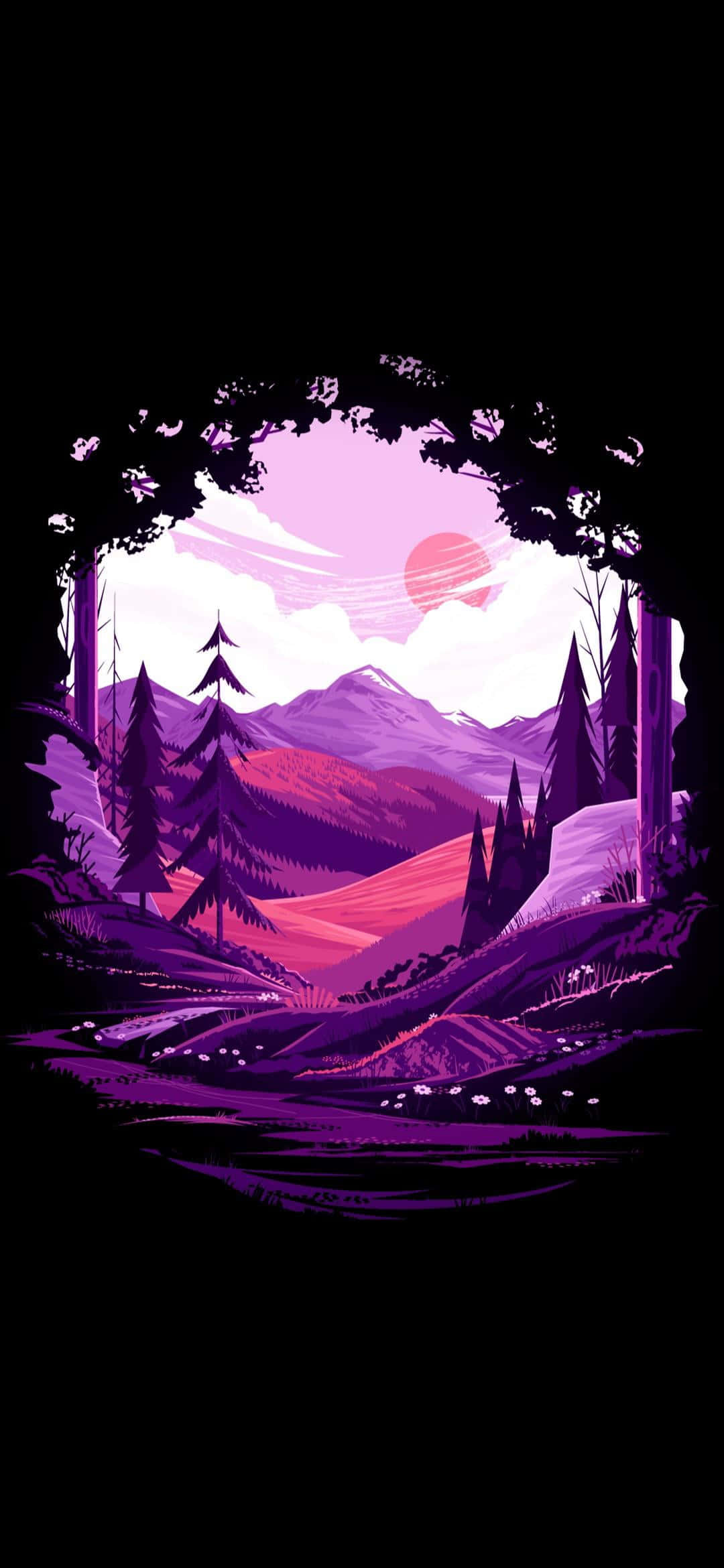4K AMOLED 背景 森林洞穴景觀 壁紙 — 一個風格化的紫色山谷，被深色樹木環繞，在粉紅色日落天空下。
