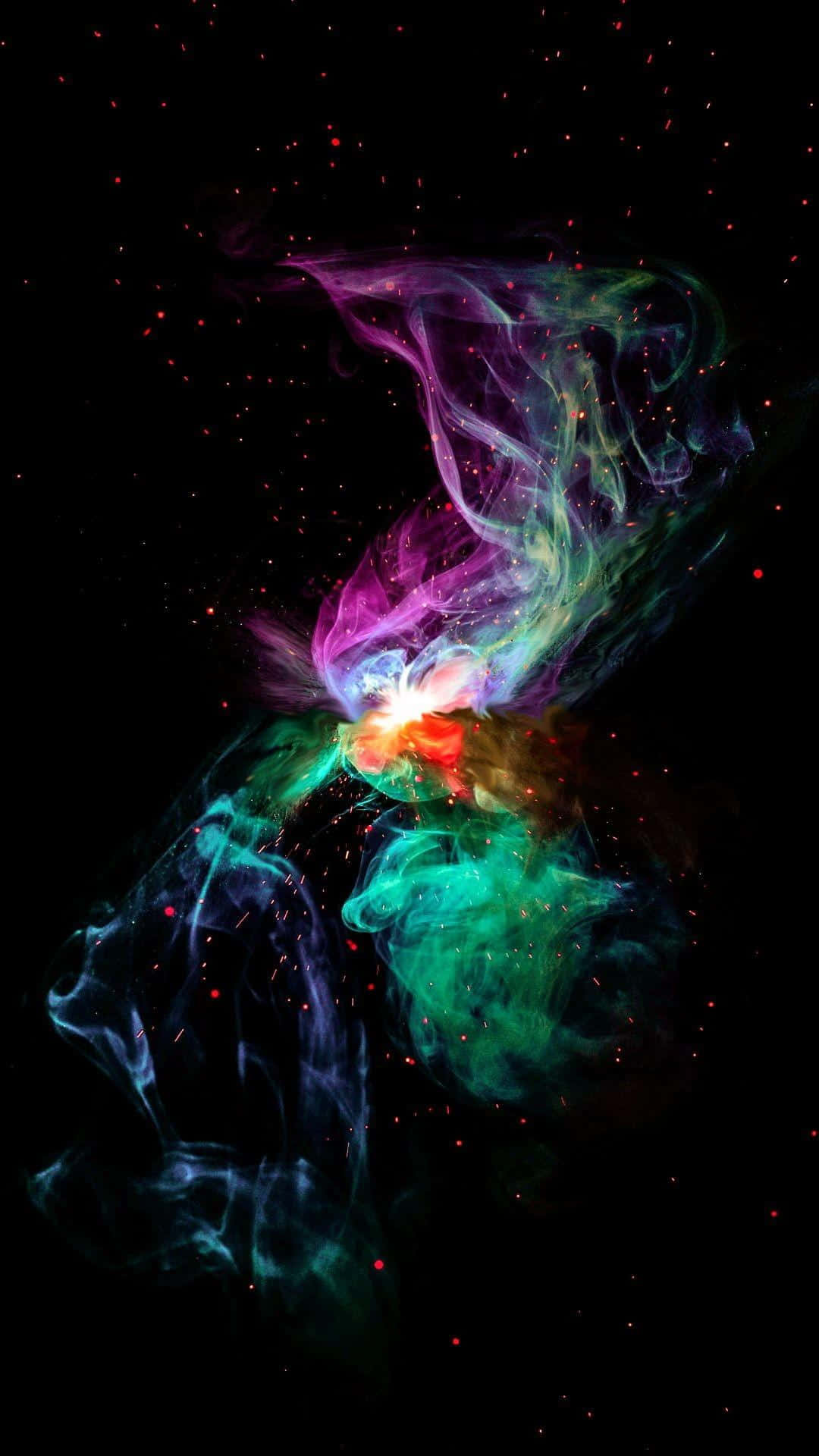 4K AMOLED 背景：粉紅與淺綠星際天空 壁紙 — 充滿活力的宇宙星雲在繁星點點的黑色虛空中以電光色調旋轉。