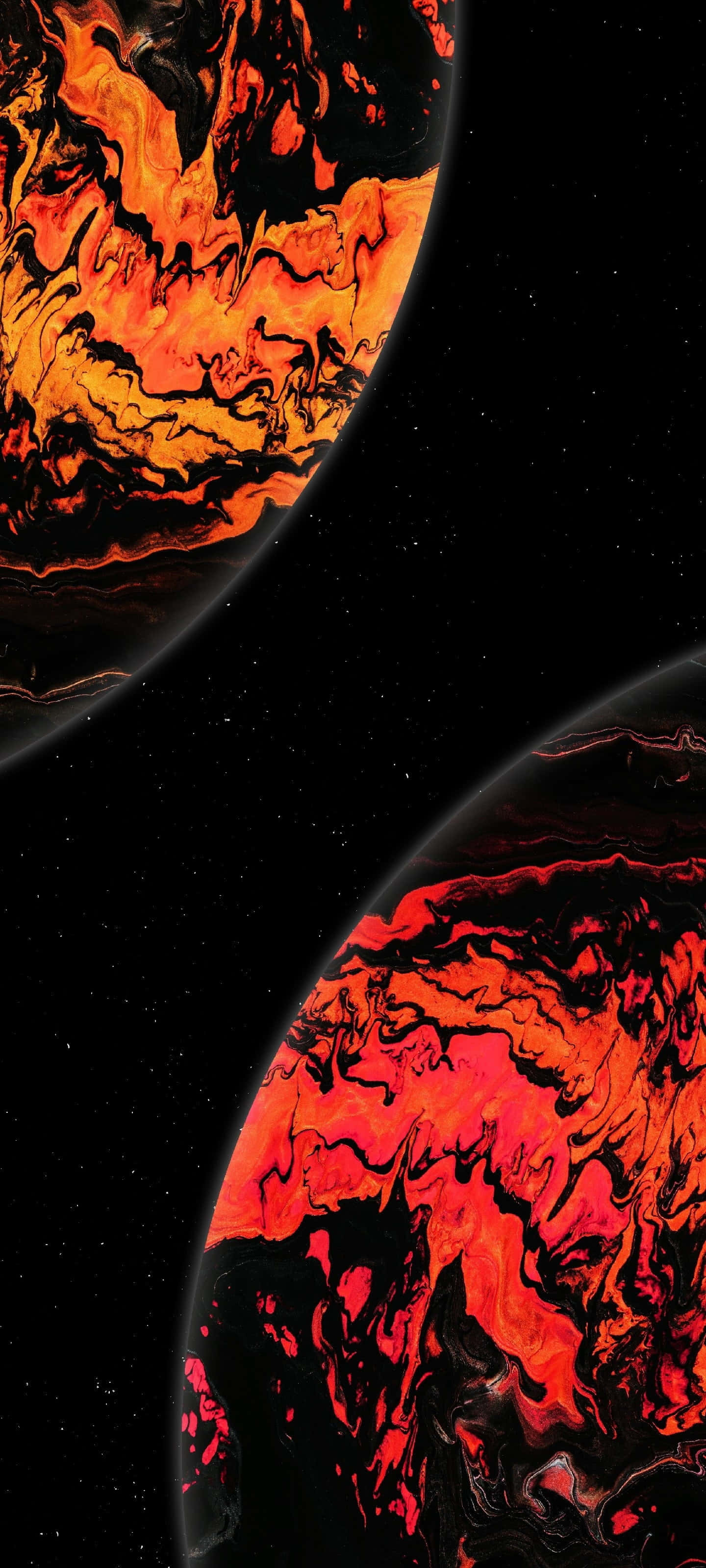 4K AMOLED 背景：紅黃行星緊密相鄰 壁紙 — 兩顆熾熱熔化的行星，帶有旋轉的橙紅色熔岩圖案，漂浮在繁星點點的黑色宇宙虛空中。