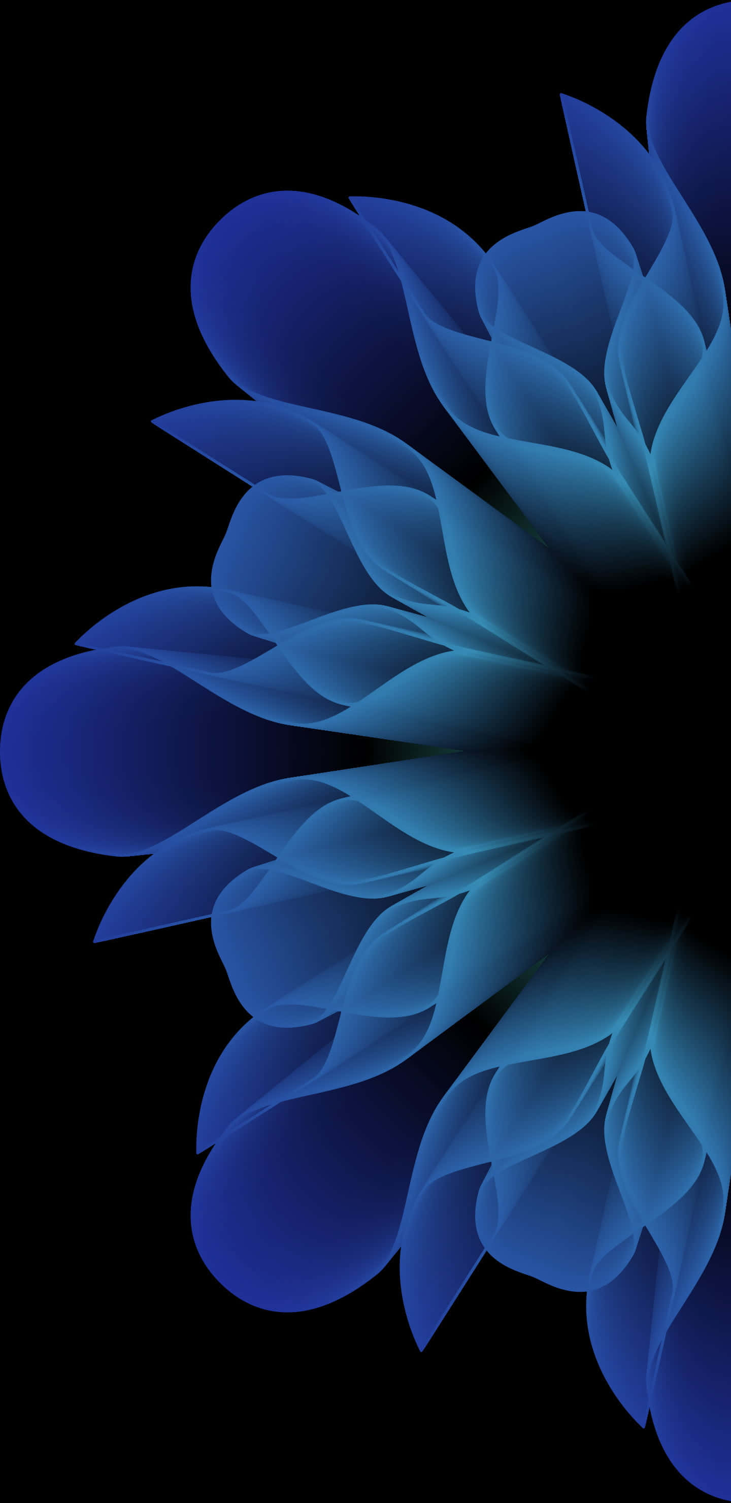 4K AMOLED 背景：藍色透明花朵 壁紙 — 一層層花瓣的藍色抽象花朵在深黑色背景上發光。