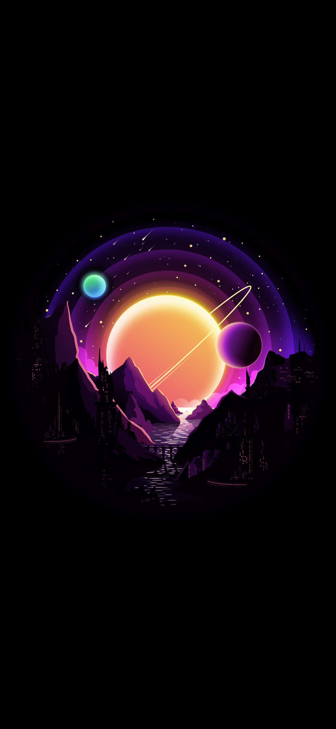 4K AMOLED 背景：行星環繞 壁紙 — 一件超現實的數碼藝術作品，特色是帶有光環的發光橙色太陽、紫色山脈，以及在繁星宇宙天空下發光的河流。