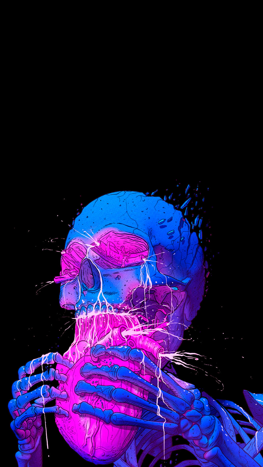 4K AMOLED 背景 骷髏吞心 壁紙 — 一個發光的霓虹藍色和粉紅色骷髏人物，在黑色虛空中懷抱著一顆跳動的心臟，頭骨上電光四射。