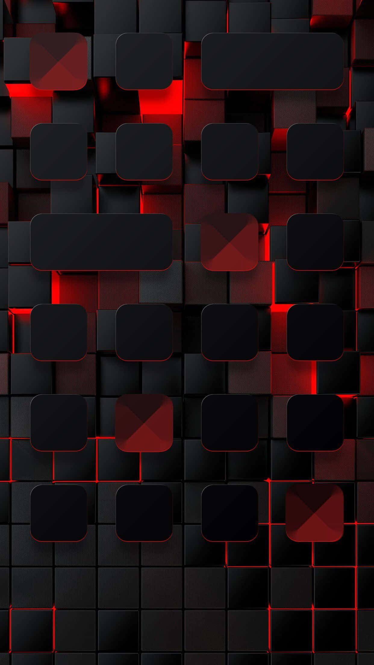 4K AMOLED 背景：黑色浮動磚塊配紅燈 壁紙 — 一面由黑色幾何方塊組成的未來感牆壁，帶有發光的紅色邊緣和高光。