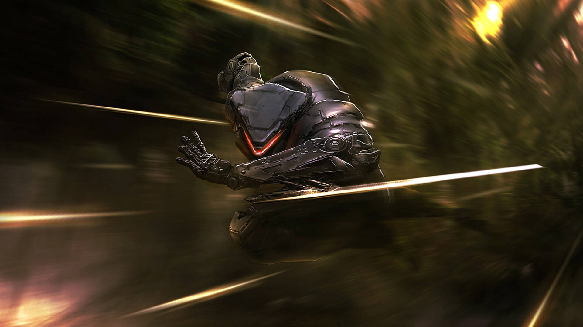 4K Anthem 遊戲 壁紙 — 一個未來風格的裝甲戰士，閃爍著紅色眼睛，在金色條紋的運動隧道中滑行。