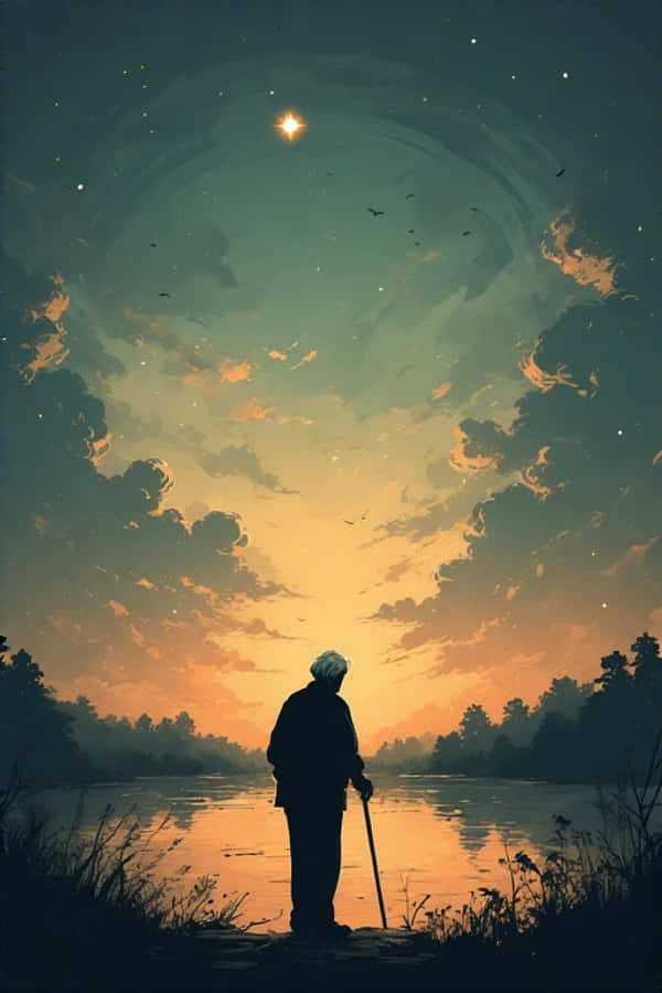 黃昏獨坐湖畔倒影 4K 壁紙 — 一位長者拄著拐杖，在黃昏時分以剪影站在河邊，仰望星空，天空中有旋轉的雲和飛鳥。