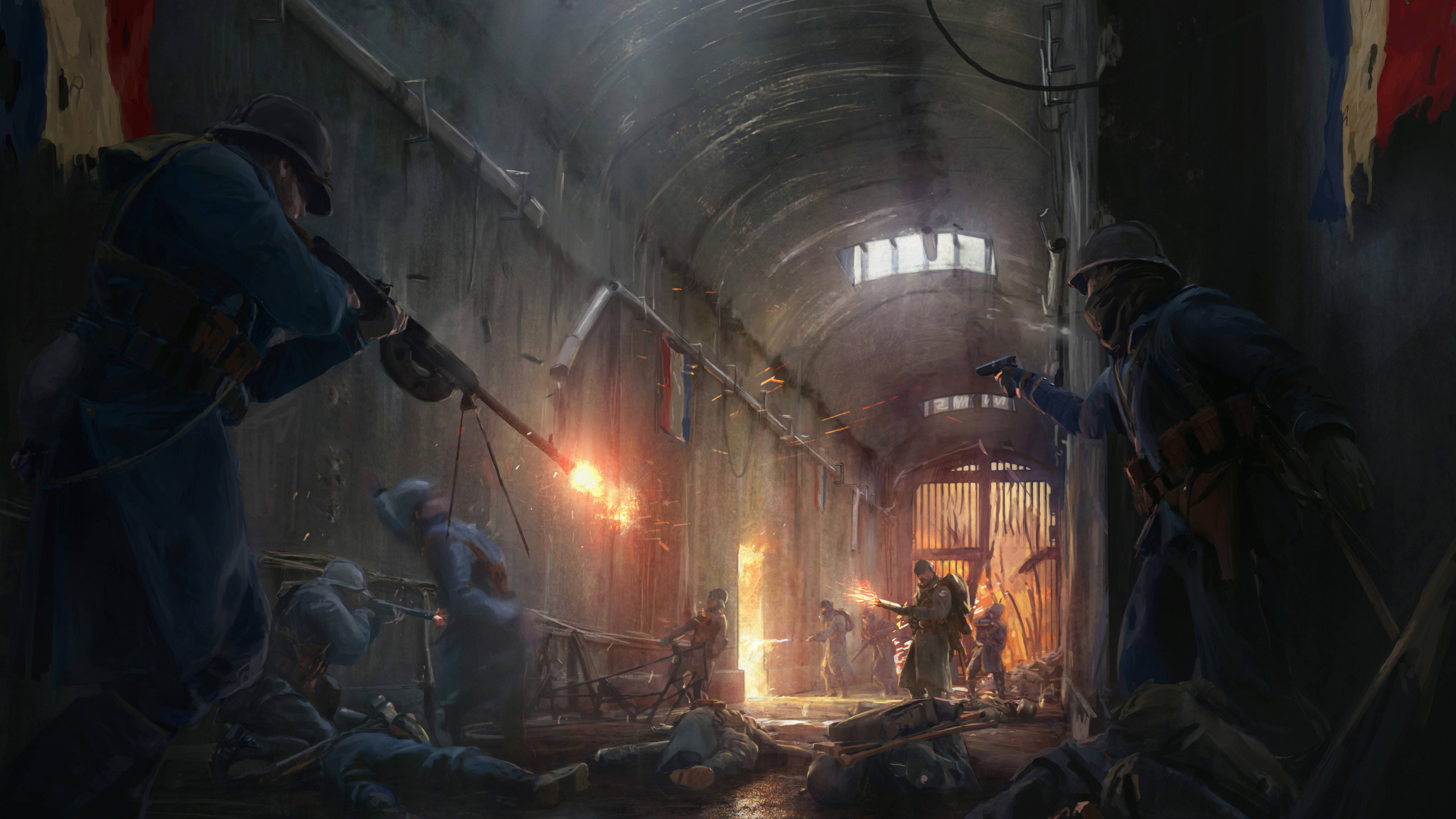 4K BF1 法國防禦者 壁紙 — 身穿藍色制服的士兵在一個燃燒的地下隧道中衝突，煙霧和火花四濺。
