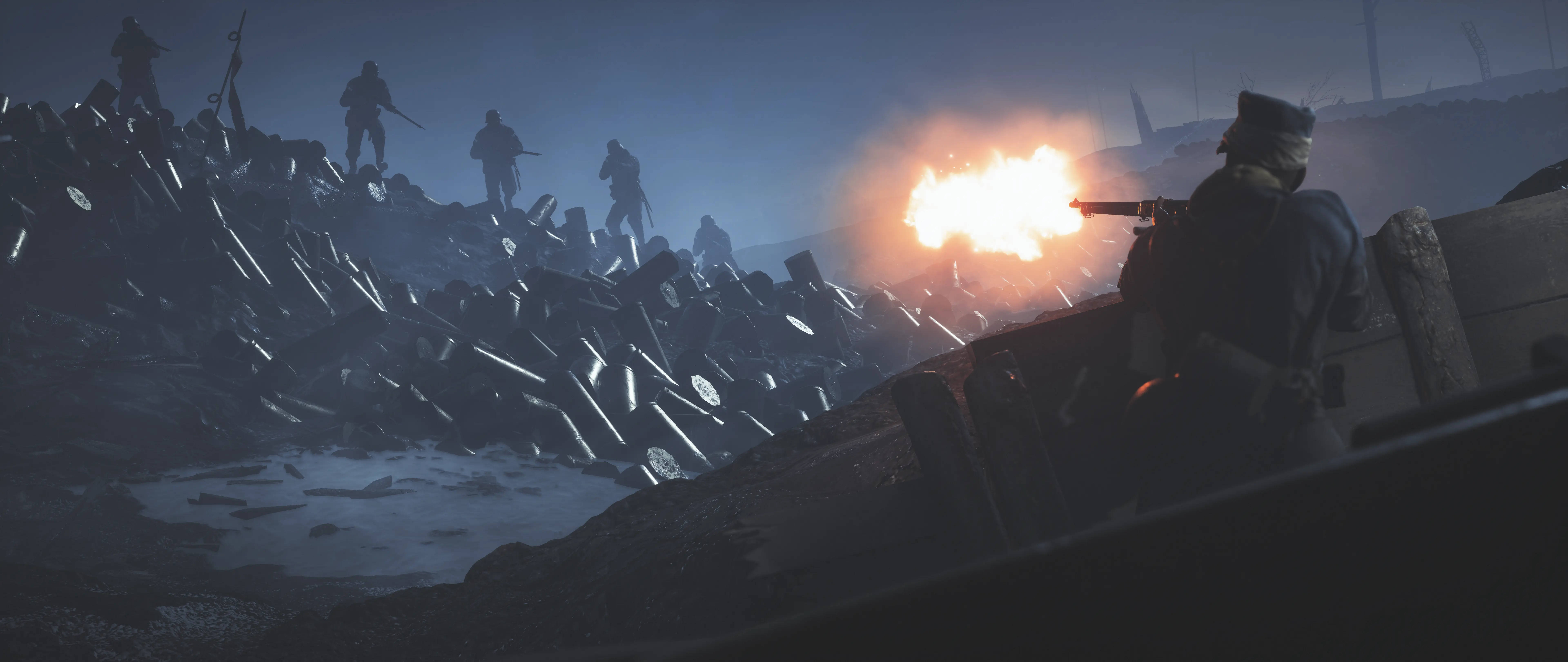 4K BF1 法軍壕溝反擊 壁紙 — 士兵在戰壕戰中，在黑暗的天空下，於佈滿破碎金屬的戰場上開火射擊步槍。