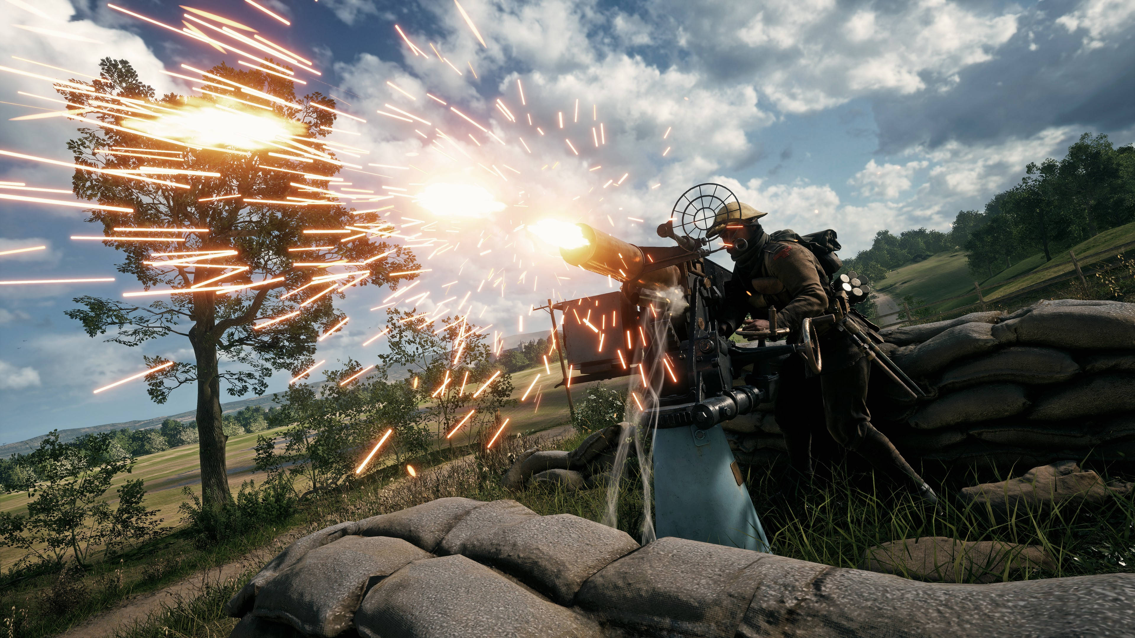 4K BF1 反空襲單位 壁紙 — 士兵從沙袋戰壕發射重型機槍，在陽光照耀的戰場上火花四濺。