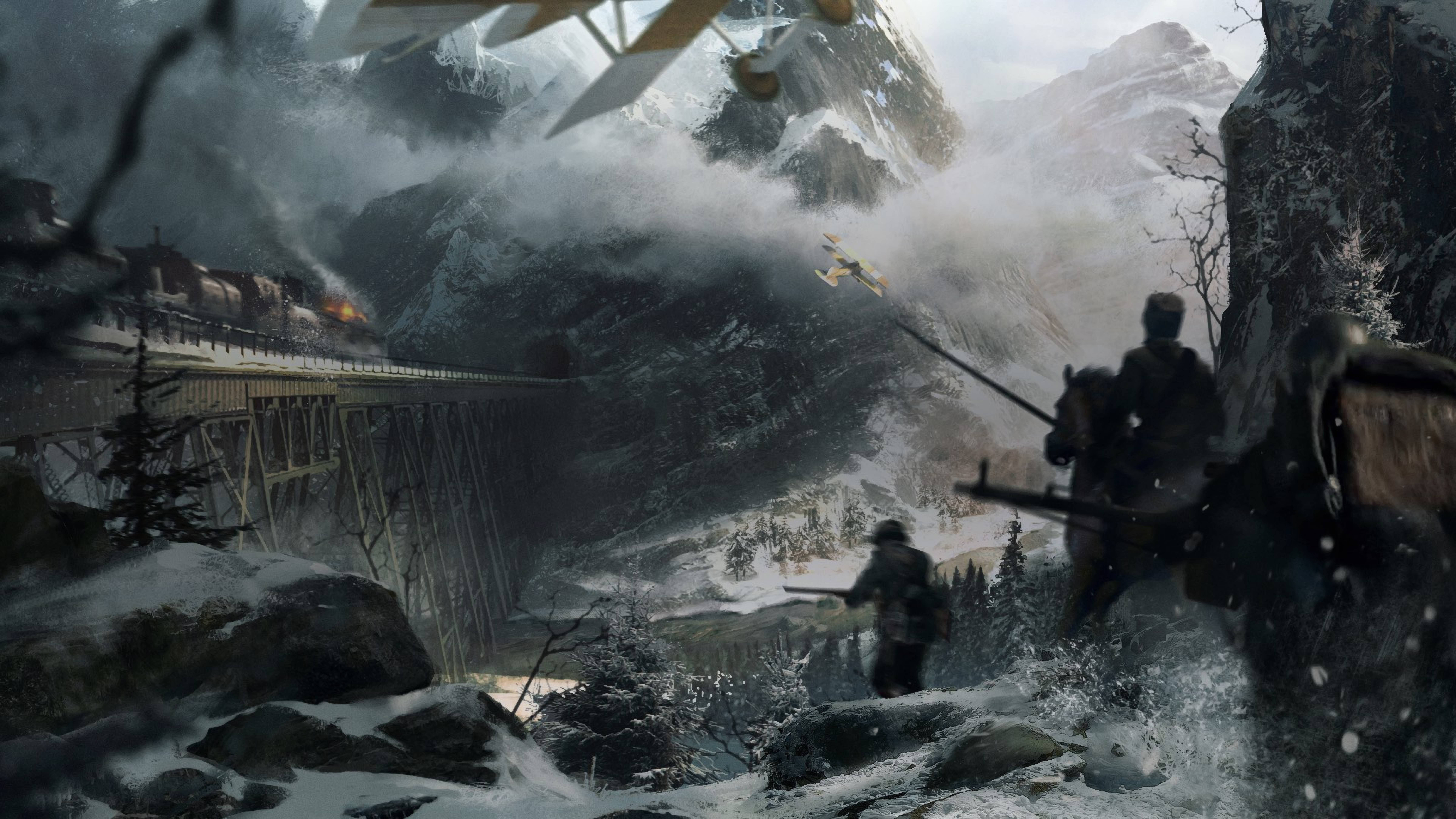 4K BF1 列車突襲 壁紙 — 士兵在雪山中前進，戰鬥機在一條危險的鐵路橋上空交戰。