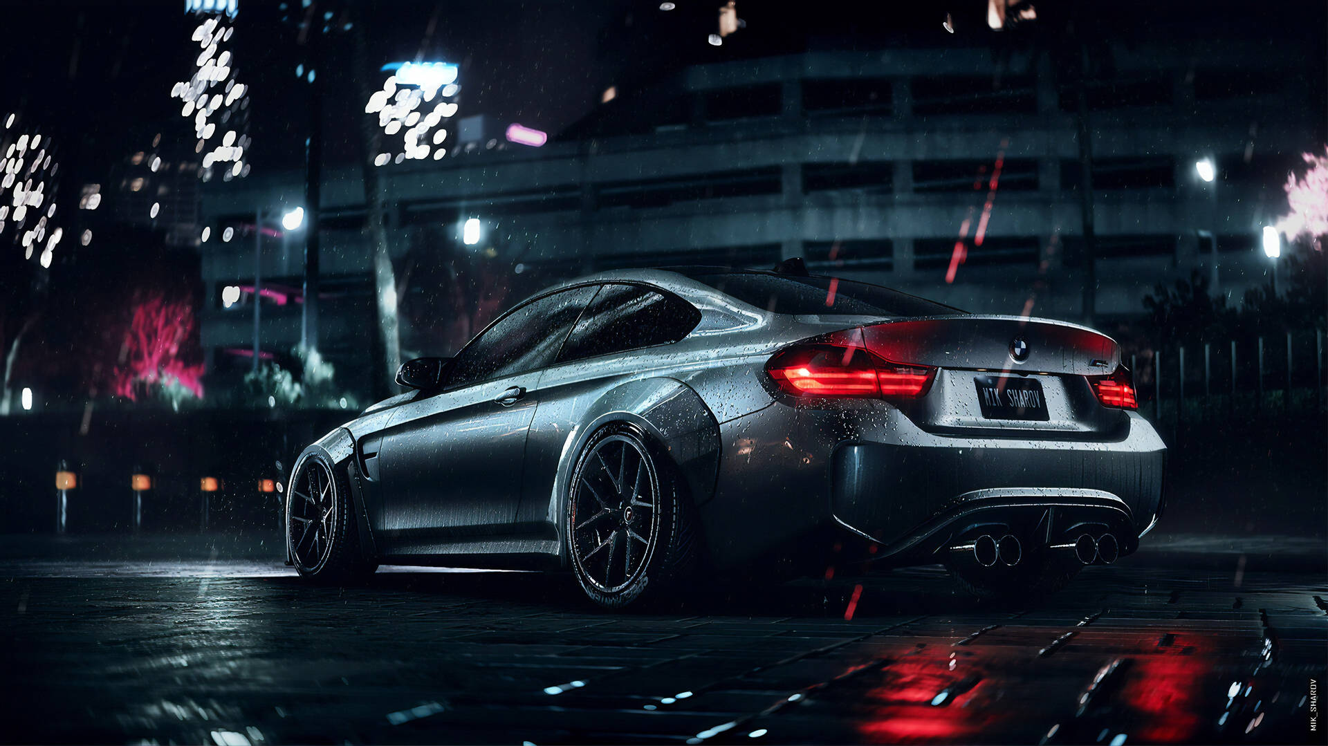 銀色跑車在夜間停放在濕漉漉的城市街道上，霓虹燈下。 — 4K BMW 壁紙 壁紙