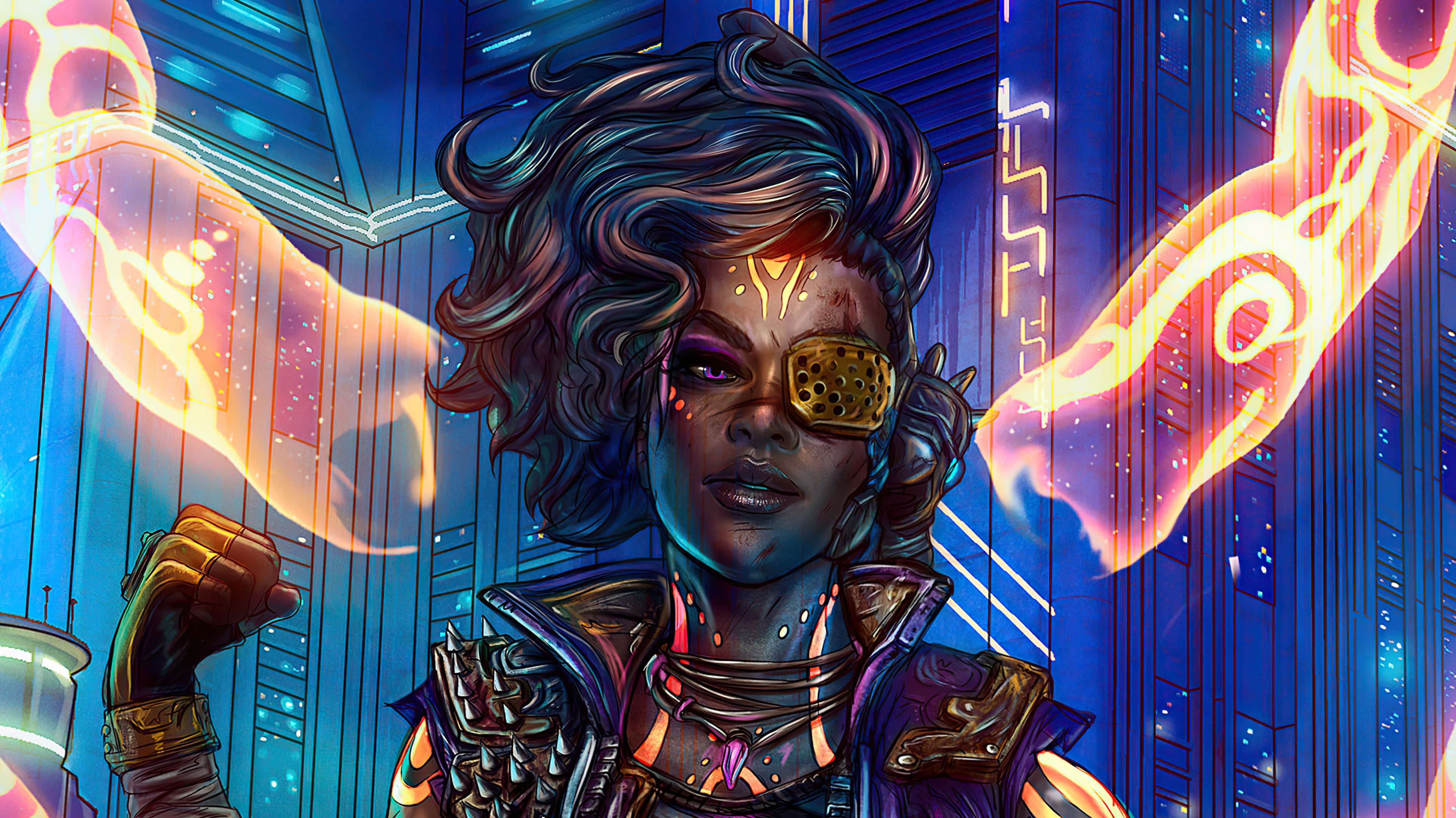 在4K Borderlands 3中解鎖精彩動作 壁紙 — 一位擁有發光紋身和電子眼的賽博龐克女性，在霓虹燈閃爍的城市景觀中引導熾熱的能量。