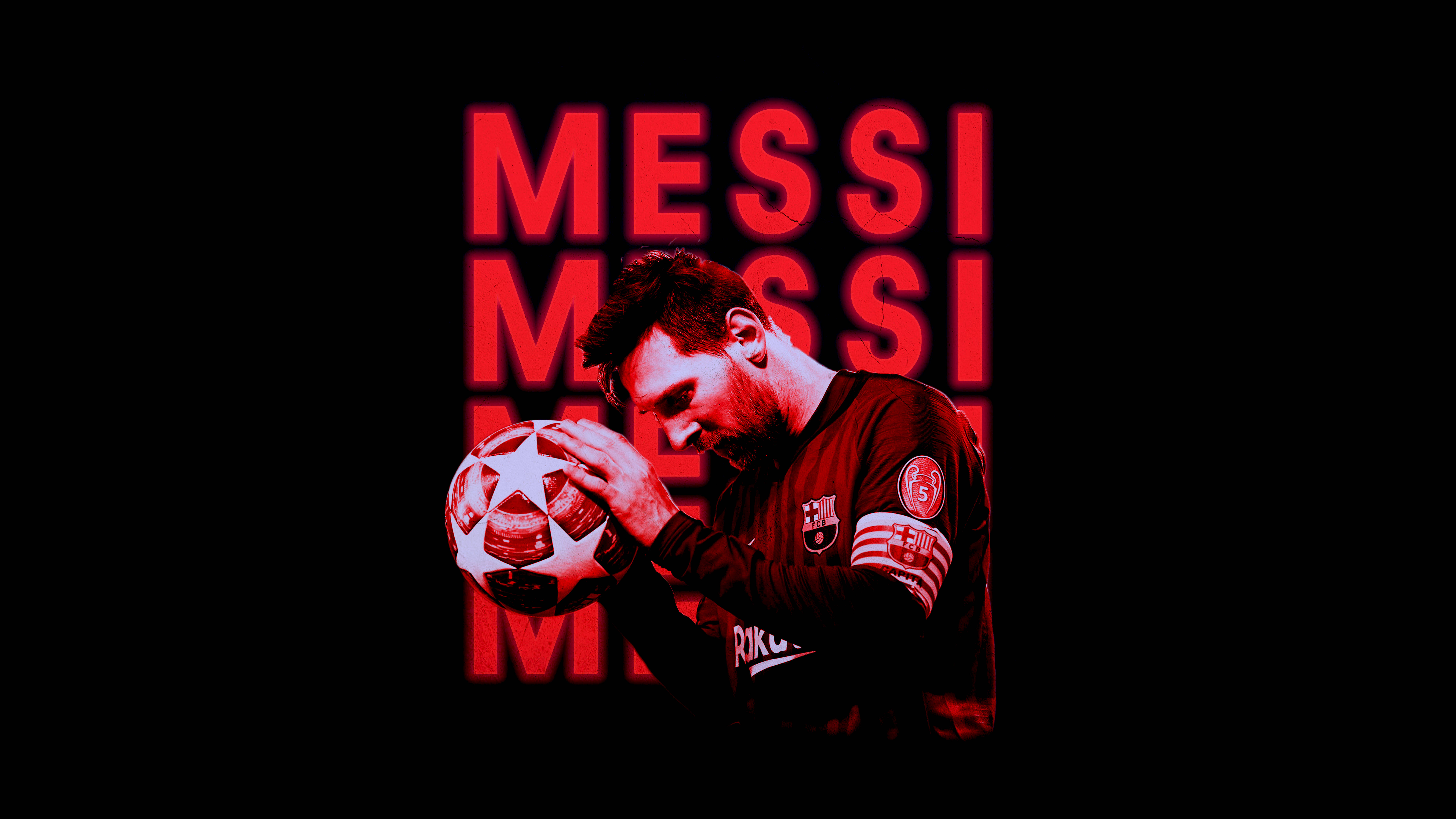姓名梅西 4K 超高清 壁紙 — 一幅帶紅色調的肖像，描繪美斯（Lionel Messi）在黑色背景上手持足球，背景重複出現紅色「MESSI」字樣。