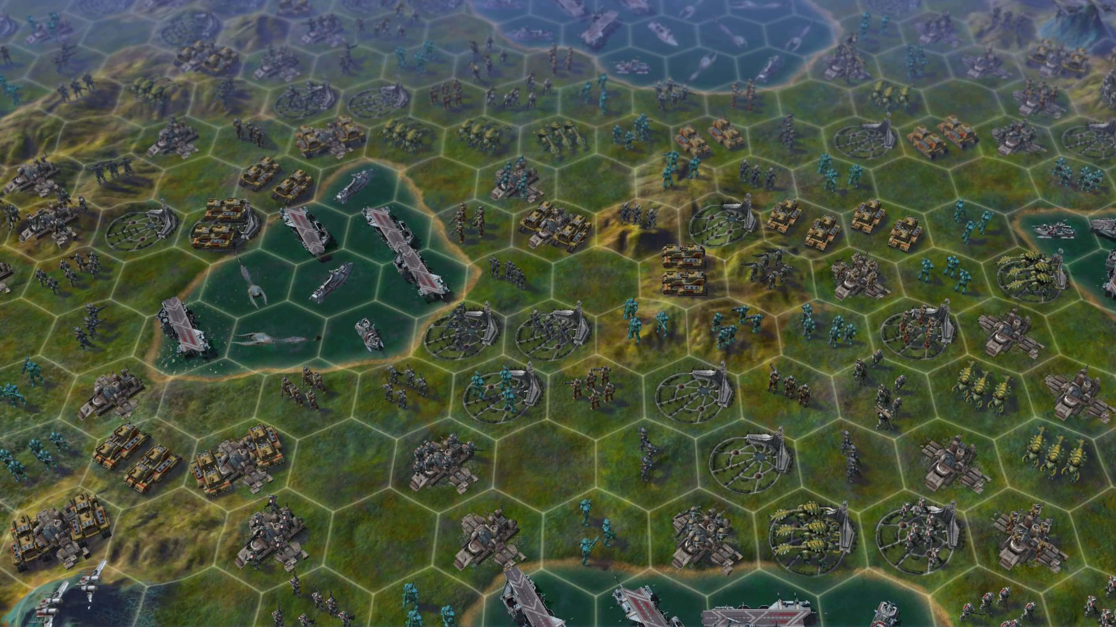 4K Civilization Beyond Earth 背景：領土 壁紙 — 戰略戰爭遊戲地圖的鳥瞰圖，帶有六邊形網格，顯示軍隊、坦克和船隻在綠色地形上作戰。
