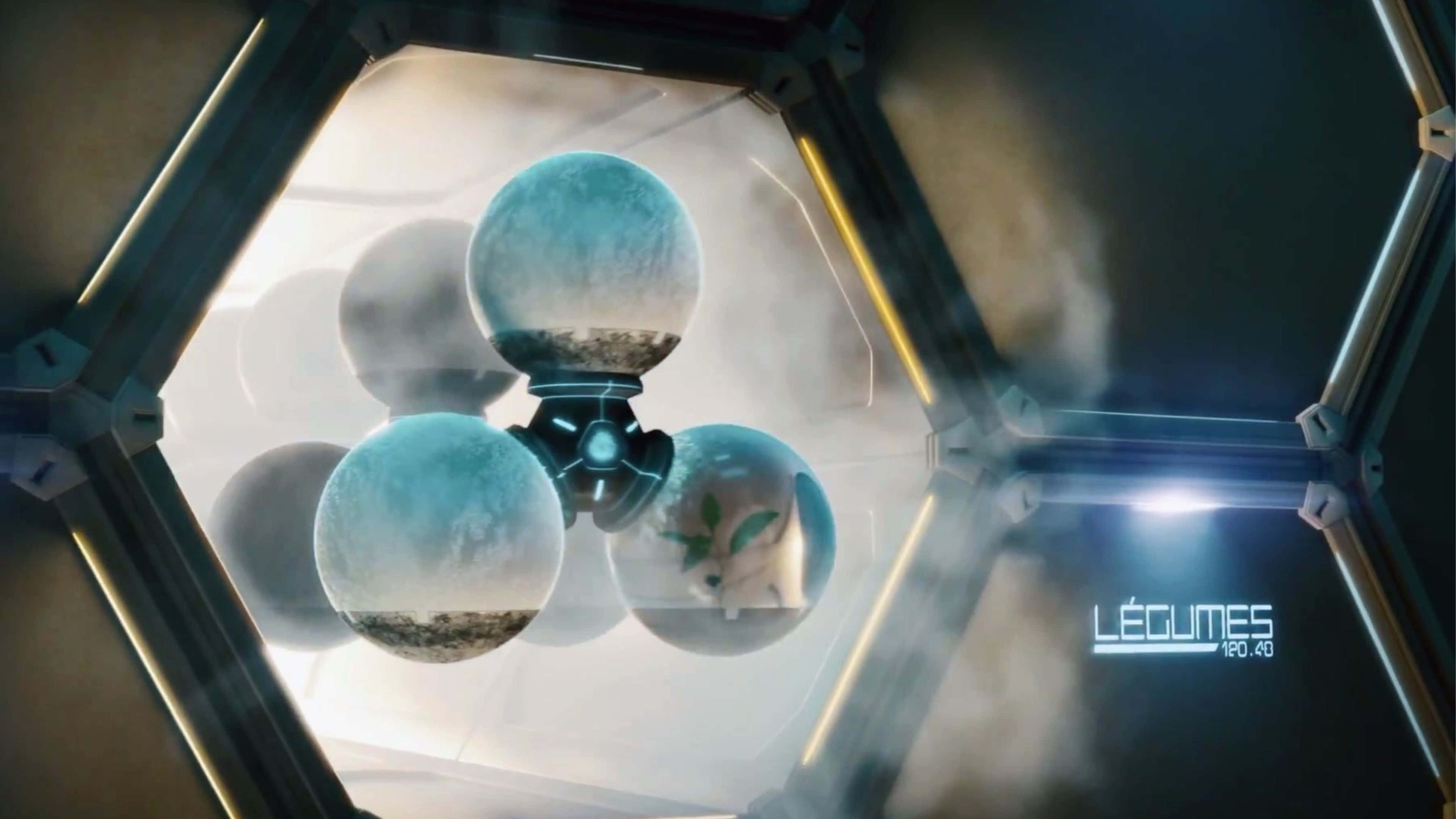 4K Civilization Beyond Earth 背景：六邊形 壁紙 — 一個未來風格的六邊形房間展示著發光的球體，裡面裝有微型行星和一個像狗的生物。