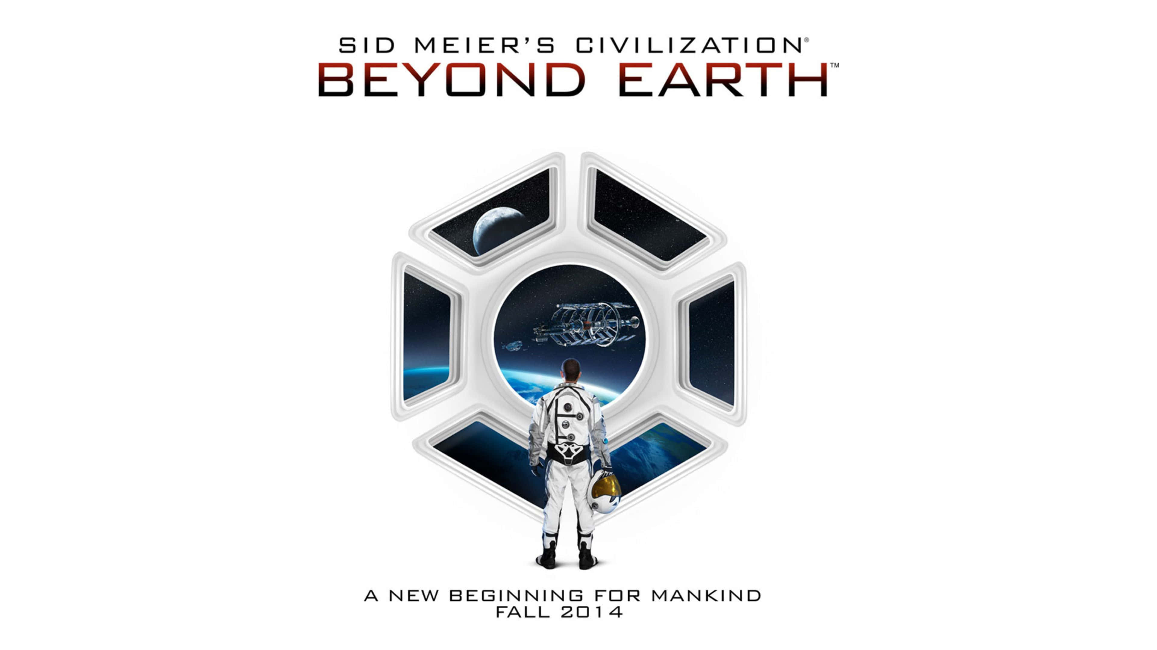4K Civilization Beyond Earth 背景：2014年秋季 壁紙 — 一名身穿白色太空衣的孤獨太空人站在六角形窗前，凝視著一艘在宇宙背景中繞著帶有月亮的藍色行星運行的太空船。