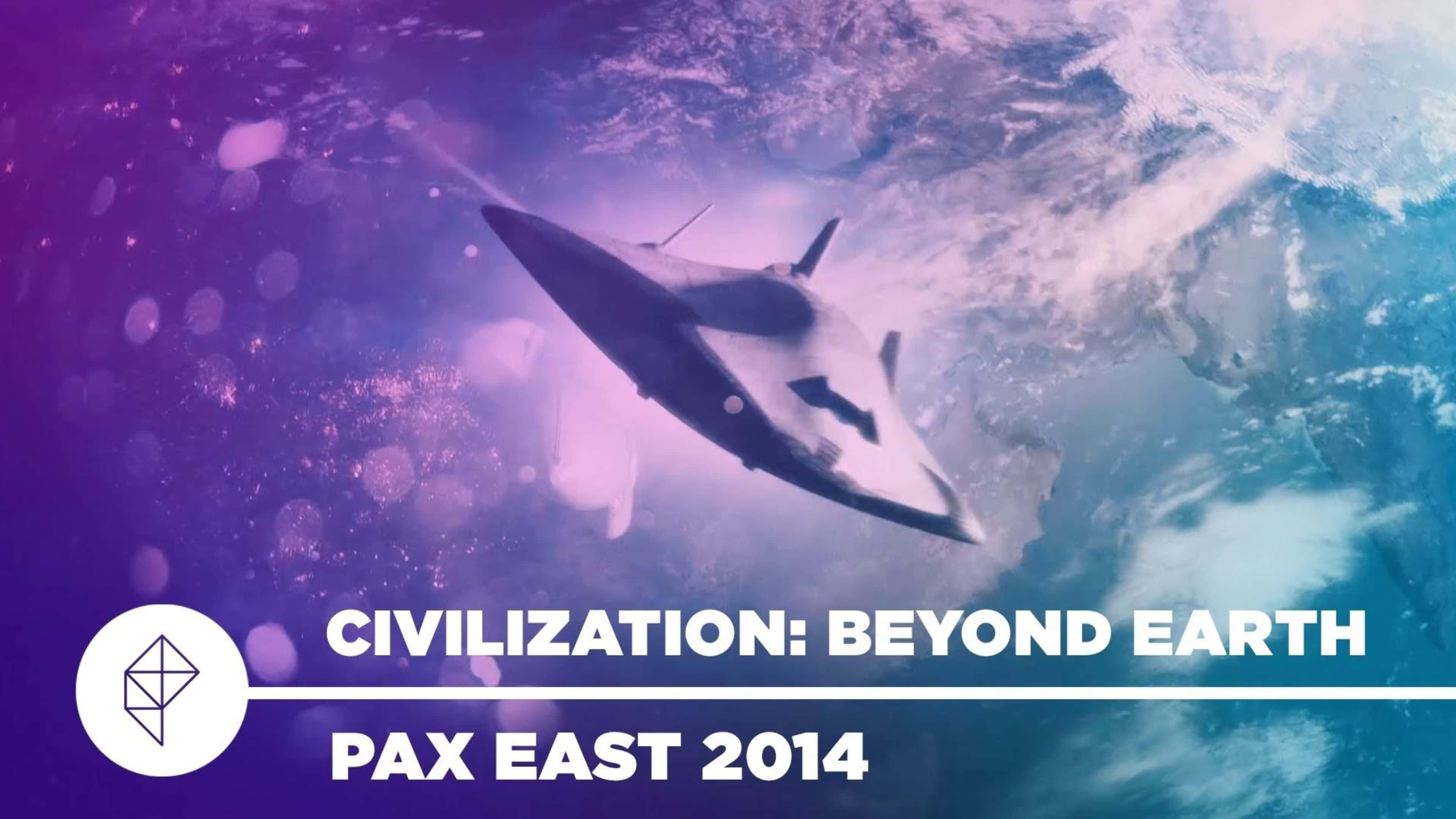 4K Civilization Beyond Earth 背景：Pax East 壁紙 — 一艘時尚的未來太空船滑過充滿活力的紫色和藍色宇宙星雲，地球在下方可見。