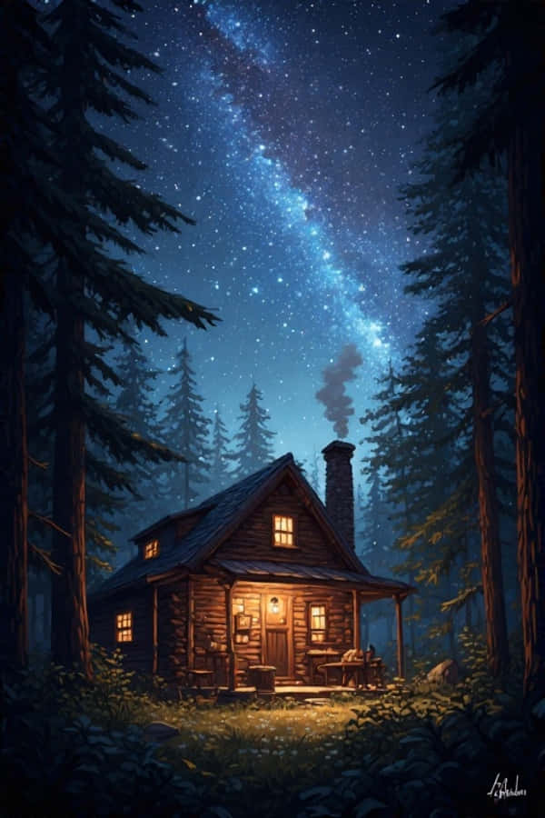 夜間舒適小屋森林星空自然 4K 壁紙 — 一間舒適的木屋坐落在松樹林中，上方是充滿活力的星空，閃爍的銀河拱跨天際。