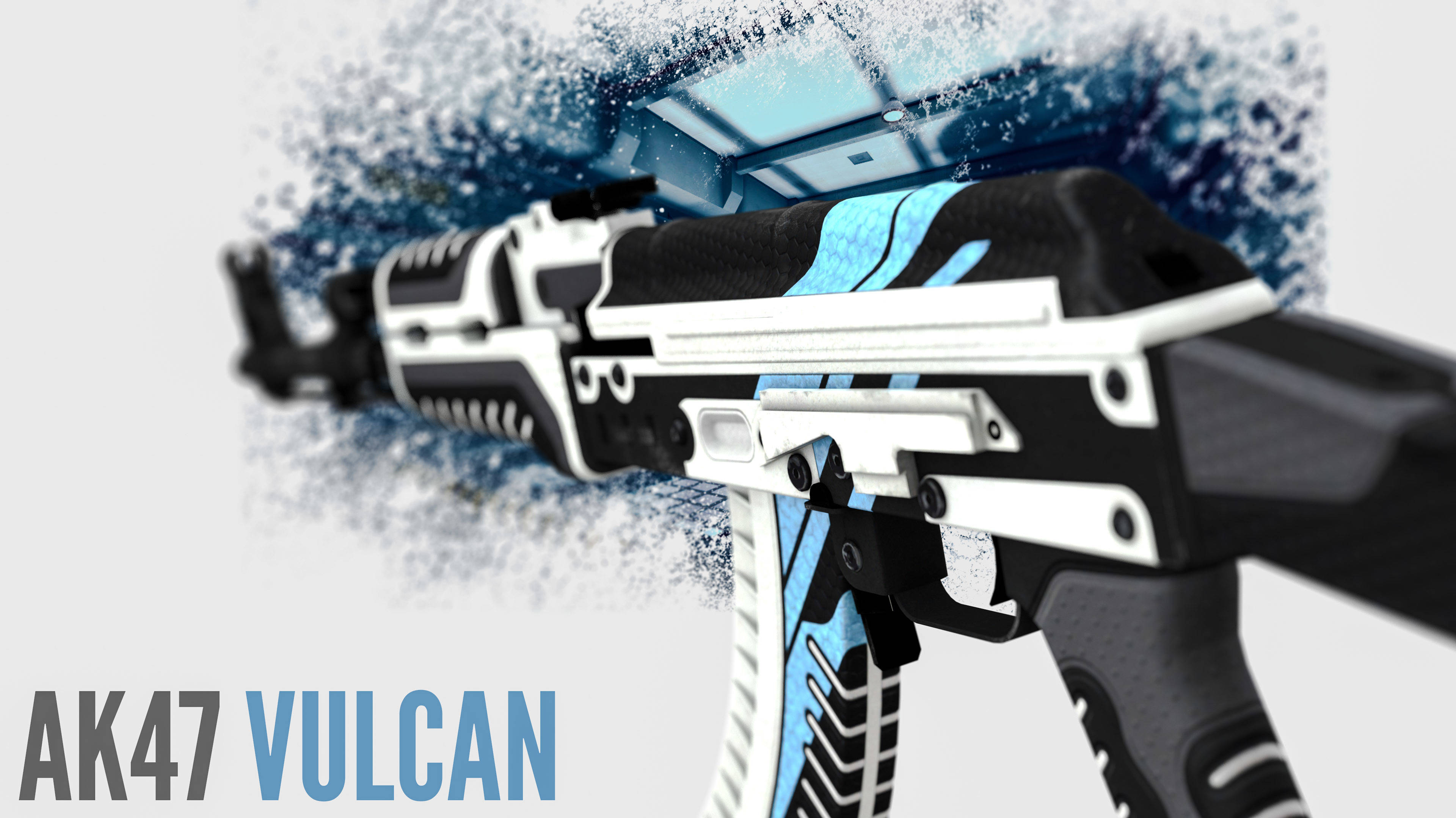 4K CS GO AK47 Vulcan 皮膚 壁紙 — 在工作室拍攝中，一把時尚的黑色和藍色AK47 Vulcan步槍，帶有白色點綴和動態水花效果。