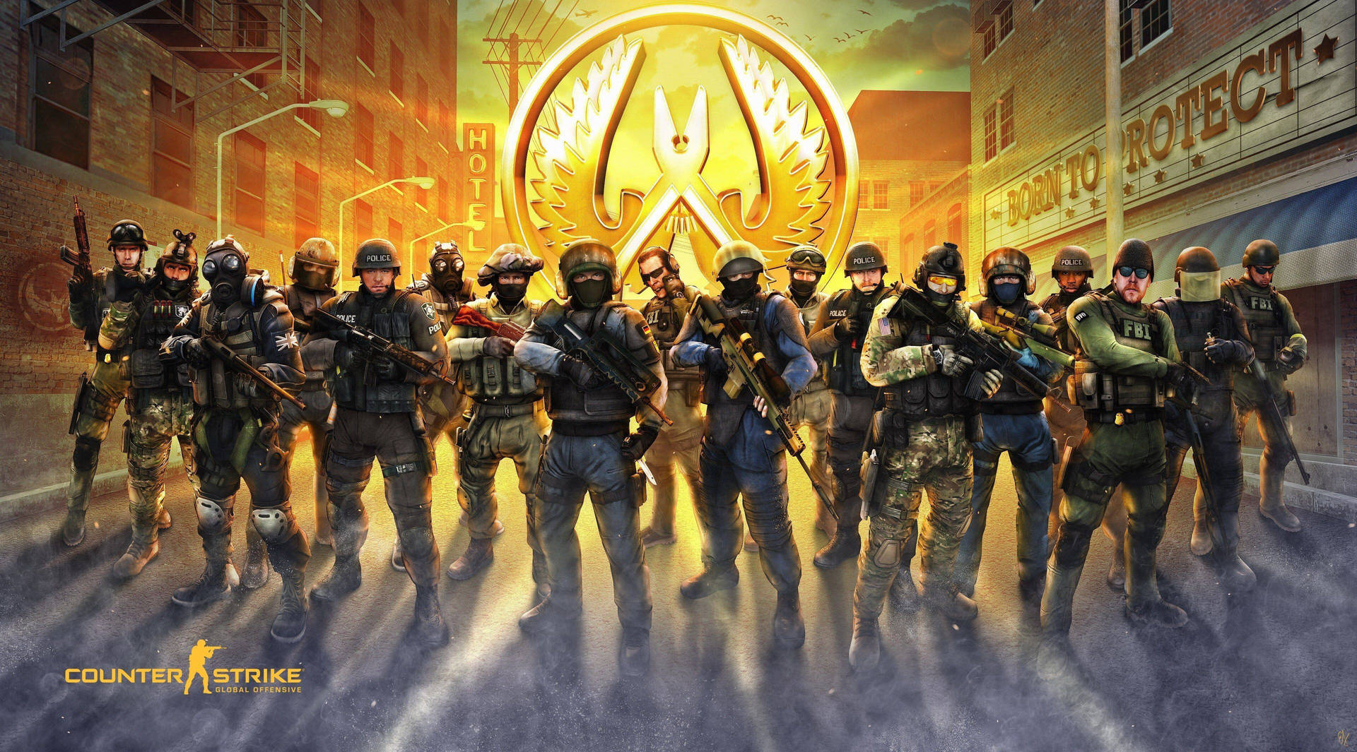 來自 Counter Strike 的戰術小隊站在城市街道上，金色標誌下。