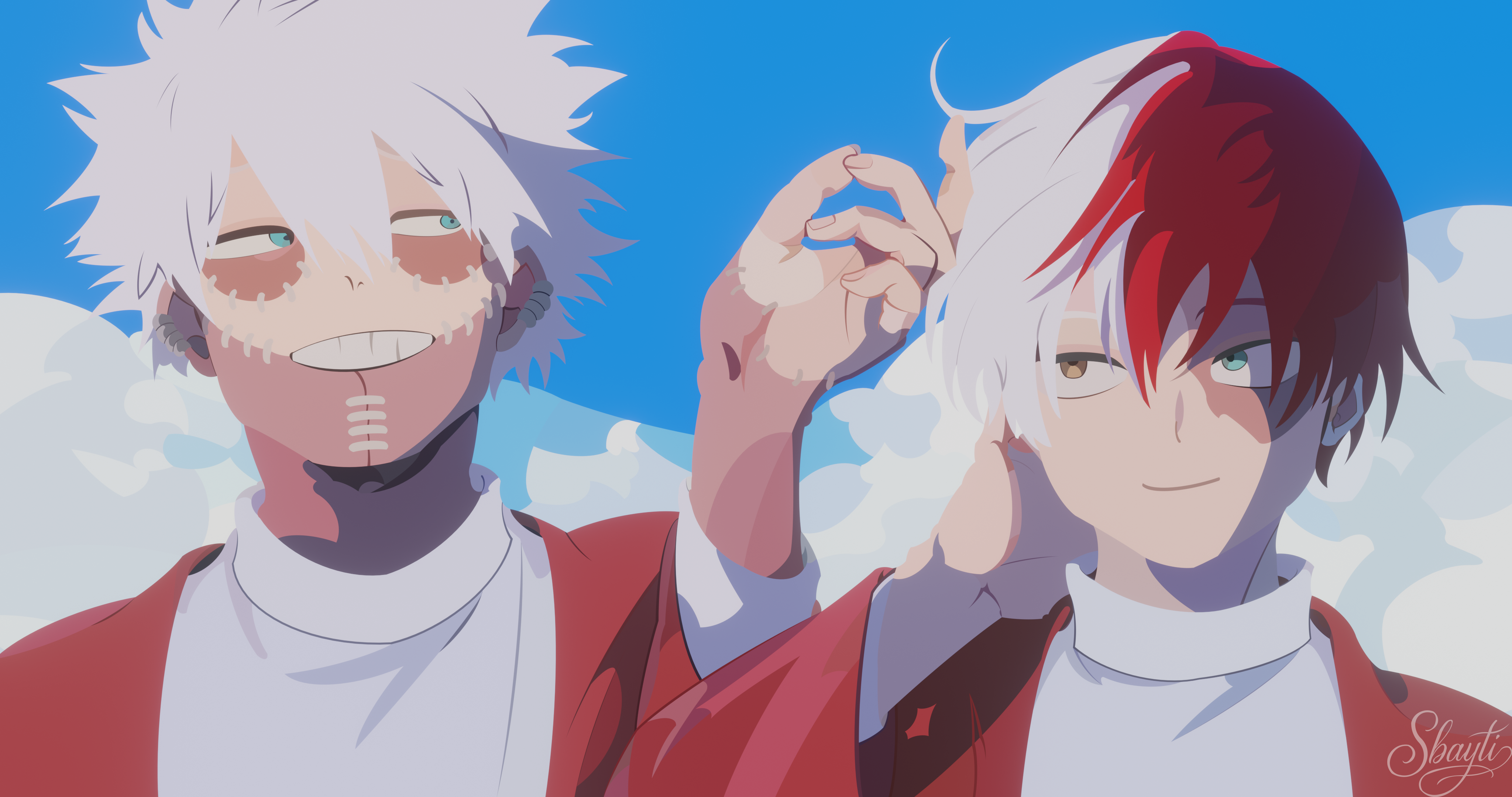 4K 解析度：Dabi 與轟焦凍兄弟自拍 壁紙 — 兩個動漫角色，一白一紅頭髮，喺藍天白雲下企得好近。