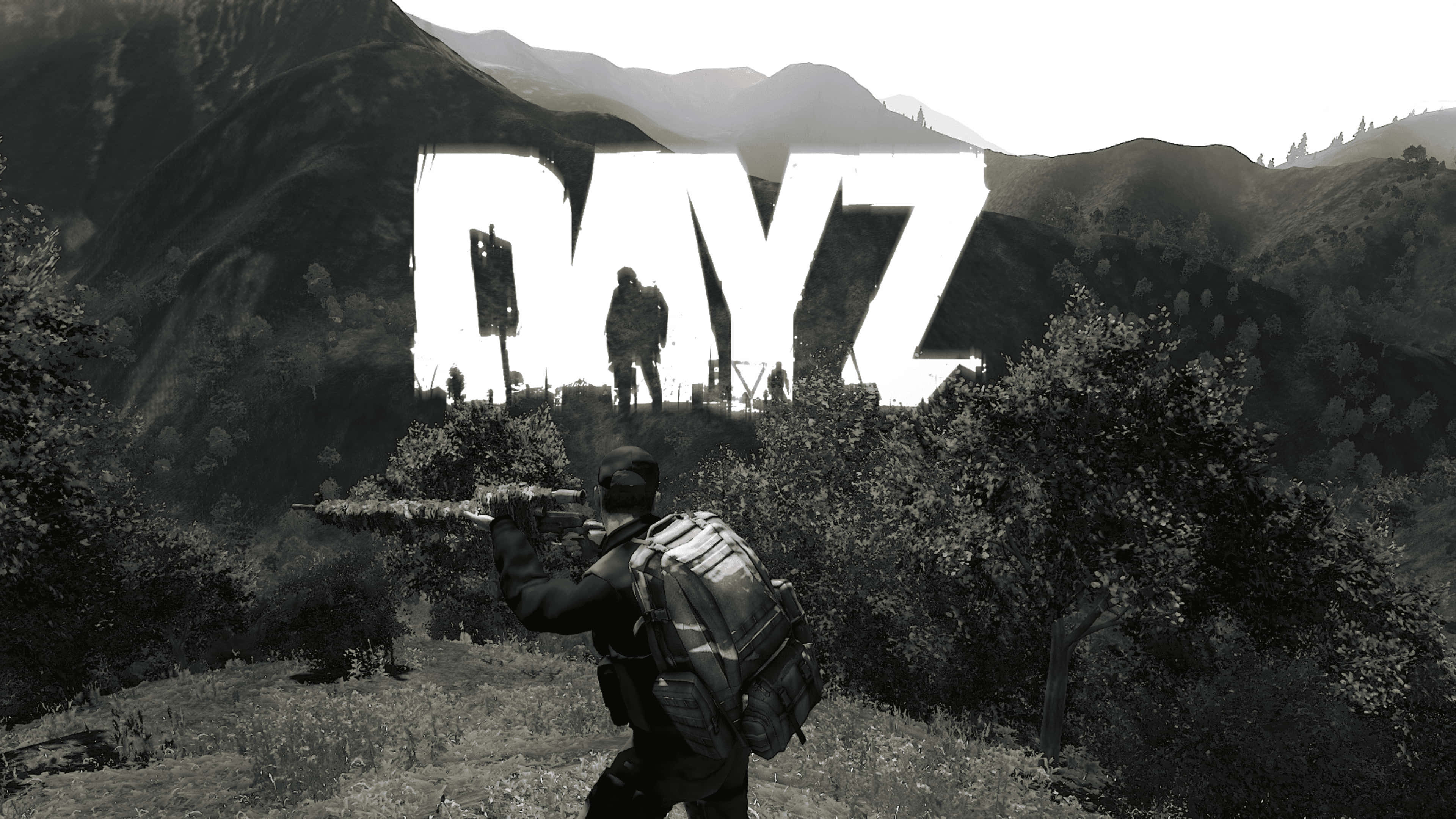 4K DayZ Epoch Mod 背景：黑白山景海報 壁紙 — 一個在末日世界中的孤獨倖存者，用步槍瞄準遠處的山坡，山坡上以白色大字刻著DAYZ。