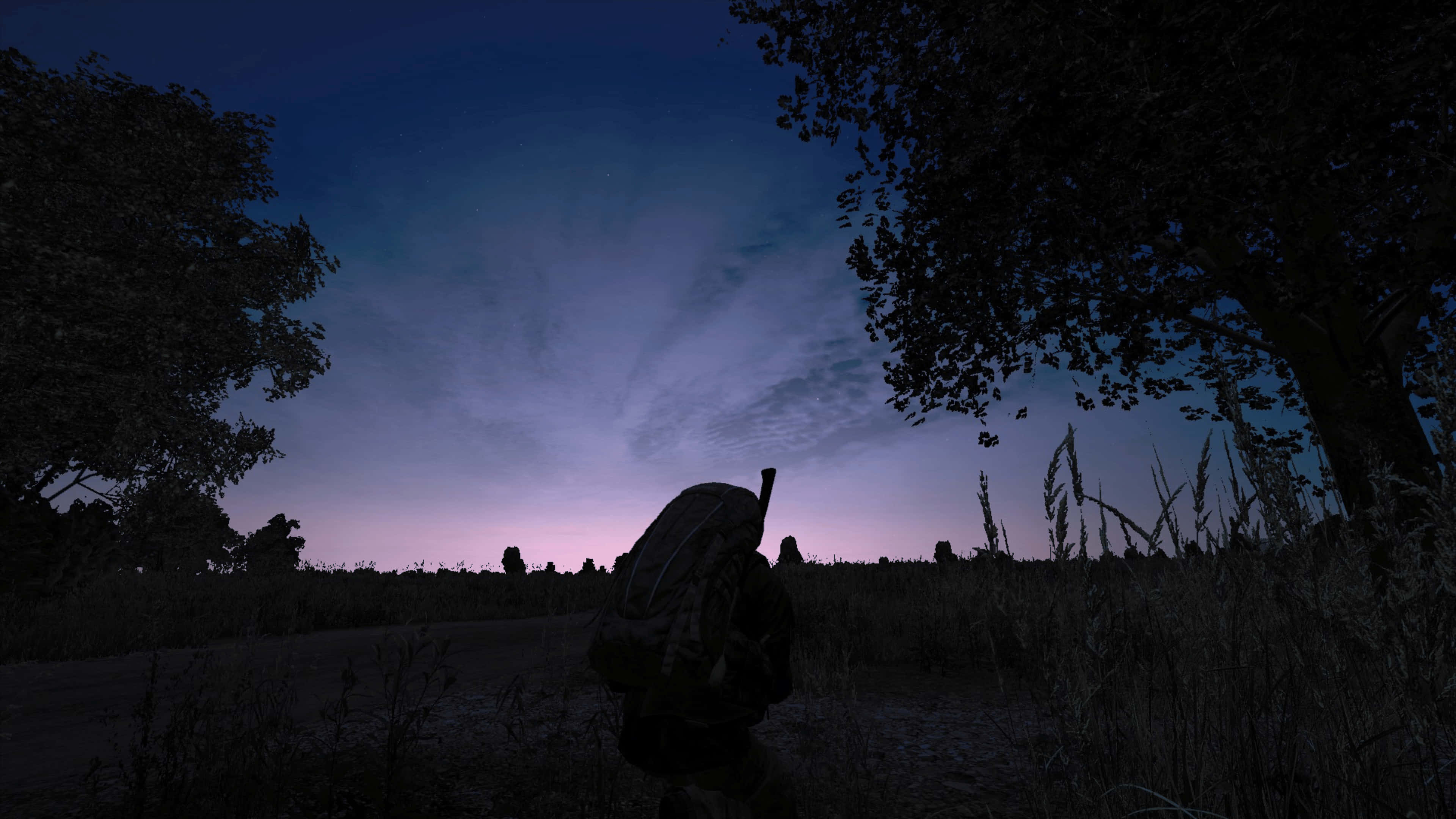 4K DayZ Epoch Mod 背景：角色清晨蹲伏於田野 壁紙 — 一個孤獨的遠足者背著背包，在黃昏時分穿過高高的草叢，天空呈現紫色和藍色，被樹木環繞。