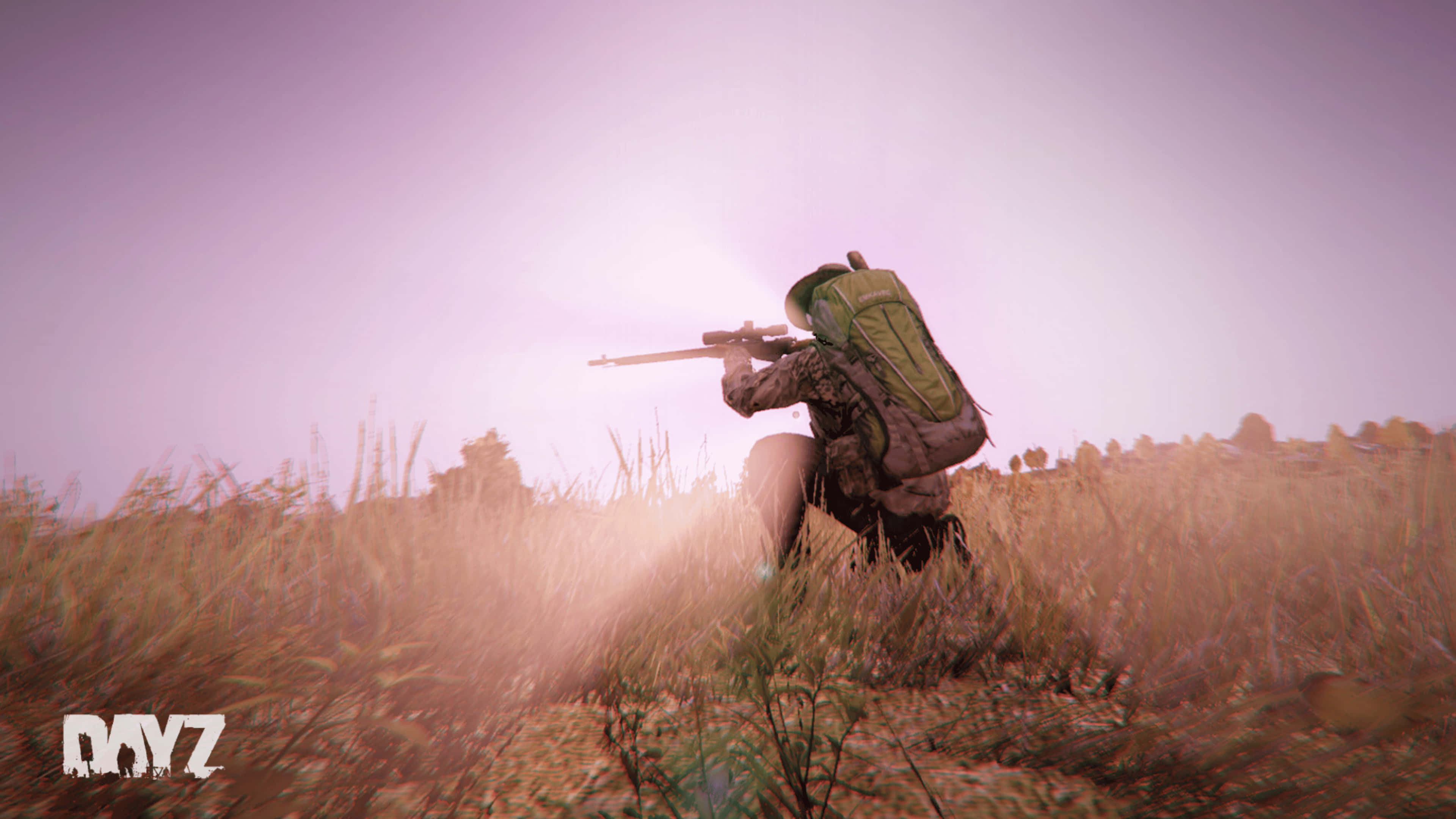 4K DayZ Epoch Mod 背景：持槍戰士 壁紙 — 一名身穿迷彩服的士兵蹲在高高的草叢中，在紫色天空的黎明時分瞄準步槍。