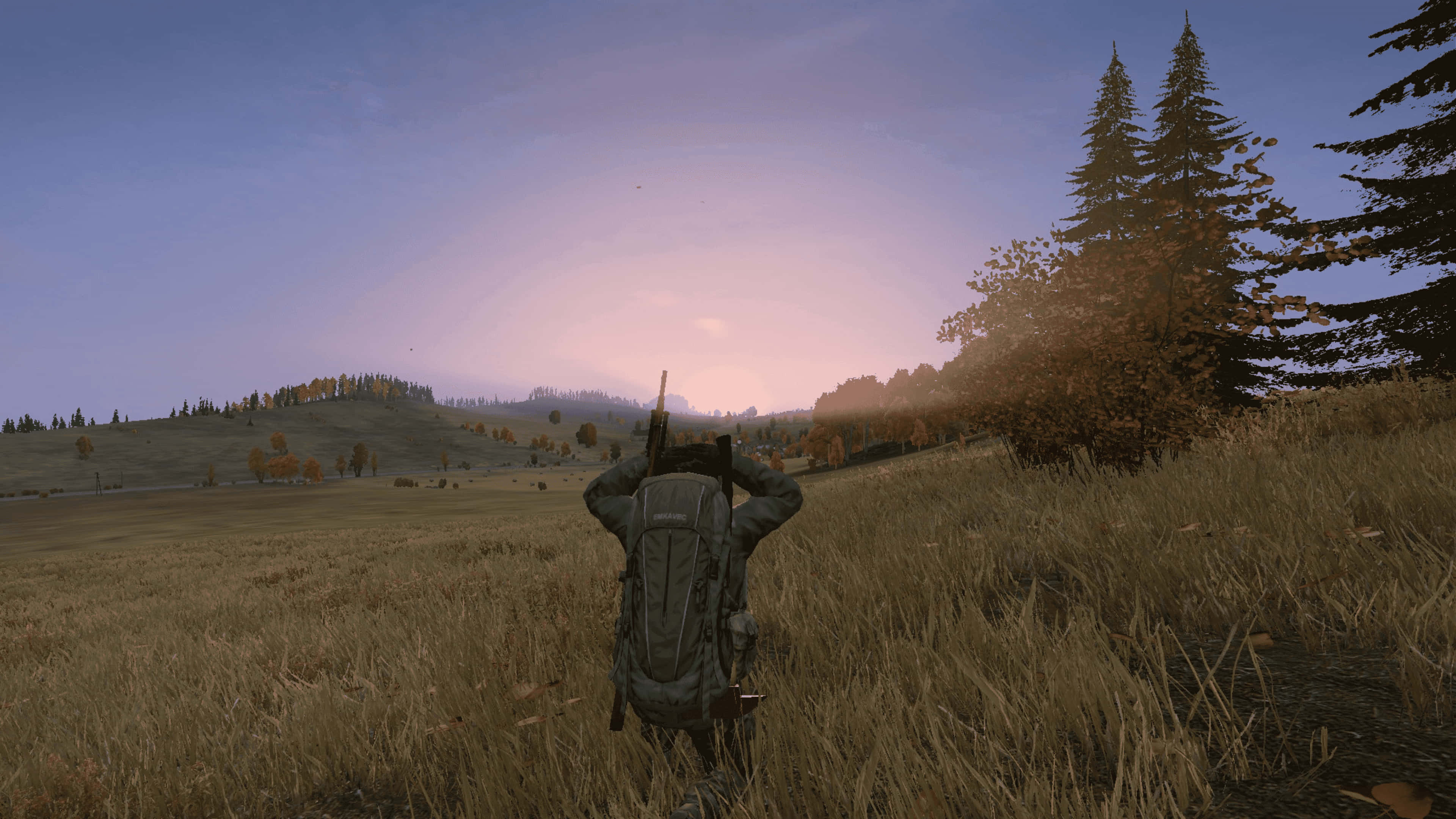 4K DayZ Epoch Mod 背景：紫色天空下的角色 壁紙 — 一個孤獨的揹著背包的遠足者站在高高的草叢中，在日落時分俯瞰著沐浴在溫暖金色光芒中的森林山坡。