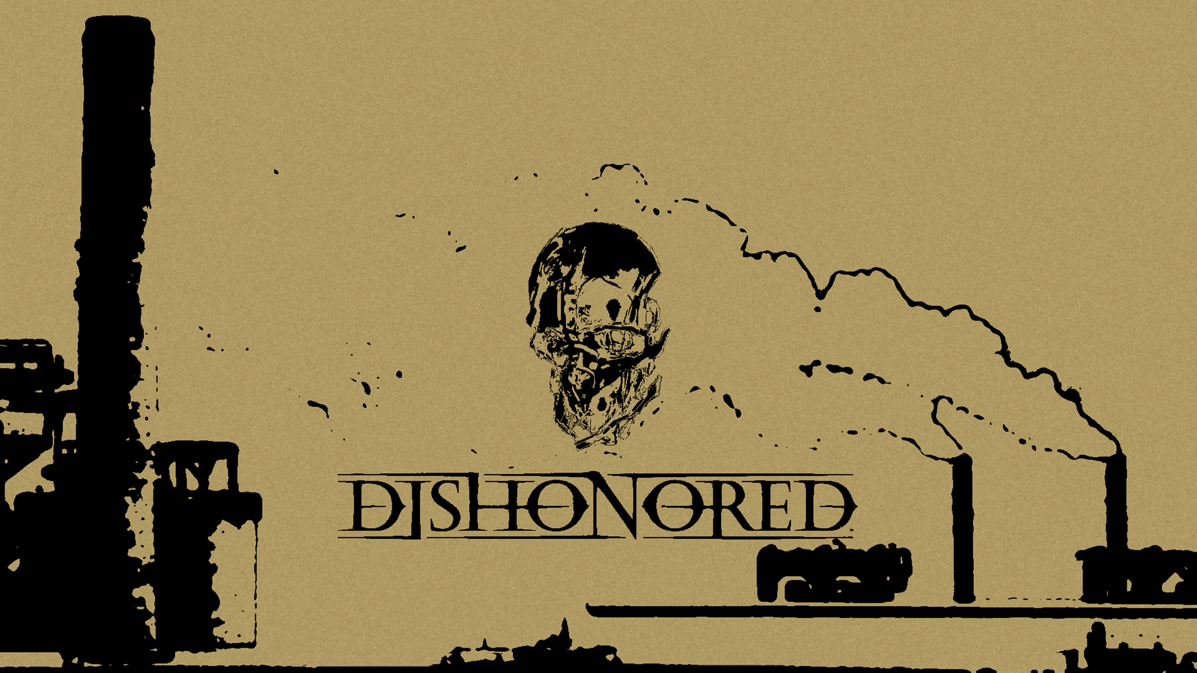 4K《Dishonored》棕色美學 壁紙 — 一幅以深褐色調風格化的插圖，描繪一個從煙囪中浮現的骷髏頭，下方有「DISHONORED」字樣。