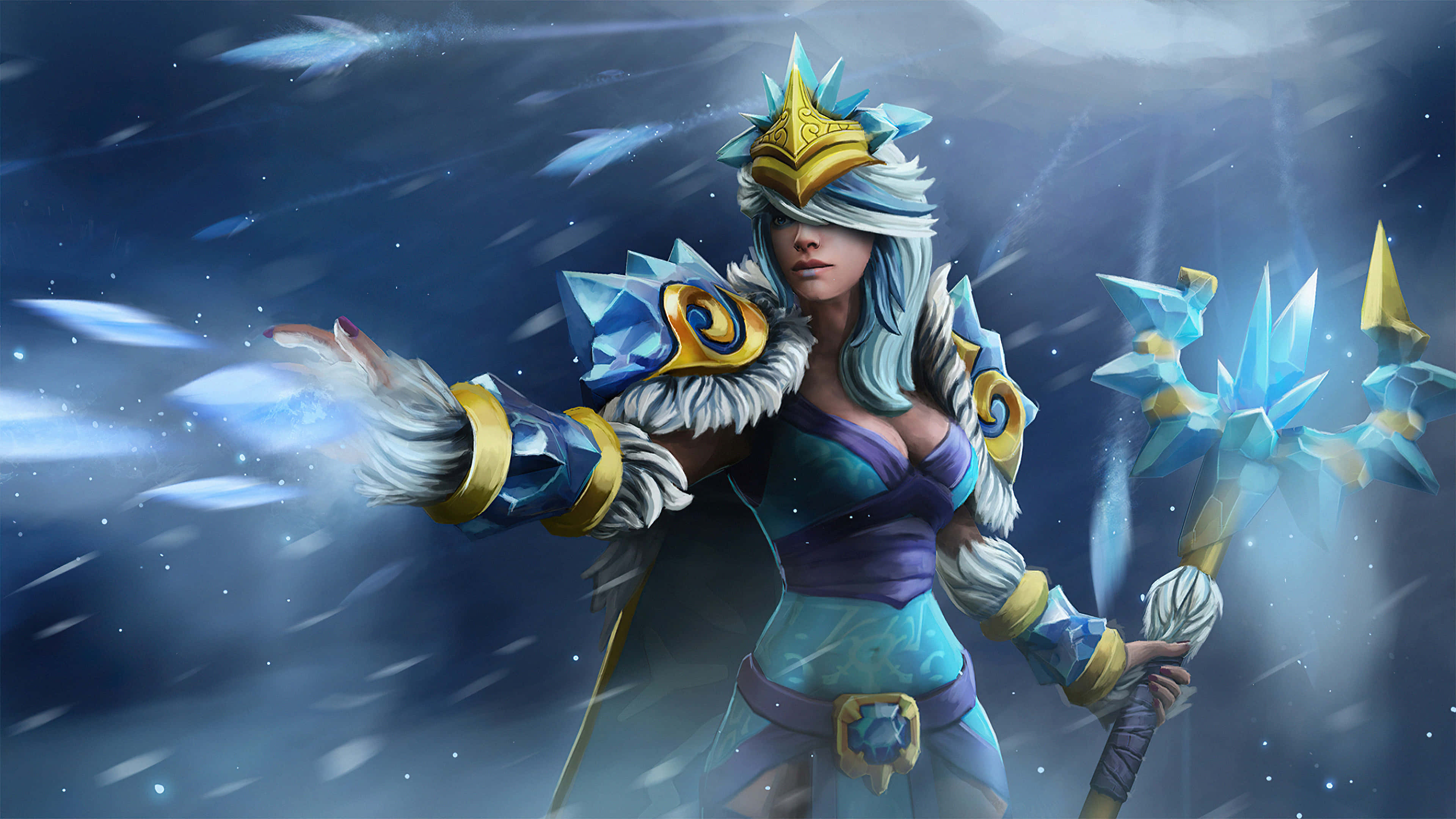 4K Dota 2 背景：冰晶碎片 壁紙 — 一位冰藍色頭髮、身穿華麗鎧甲的冰霜法師，在旋轉的雪花和星空夜幕中施展法術。