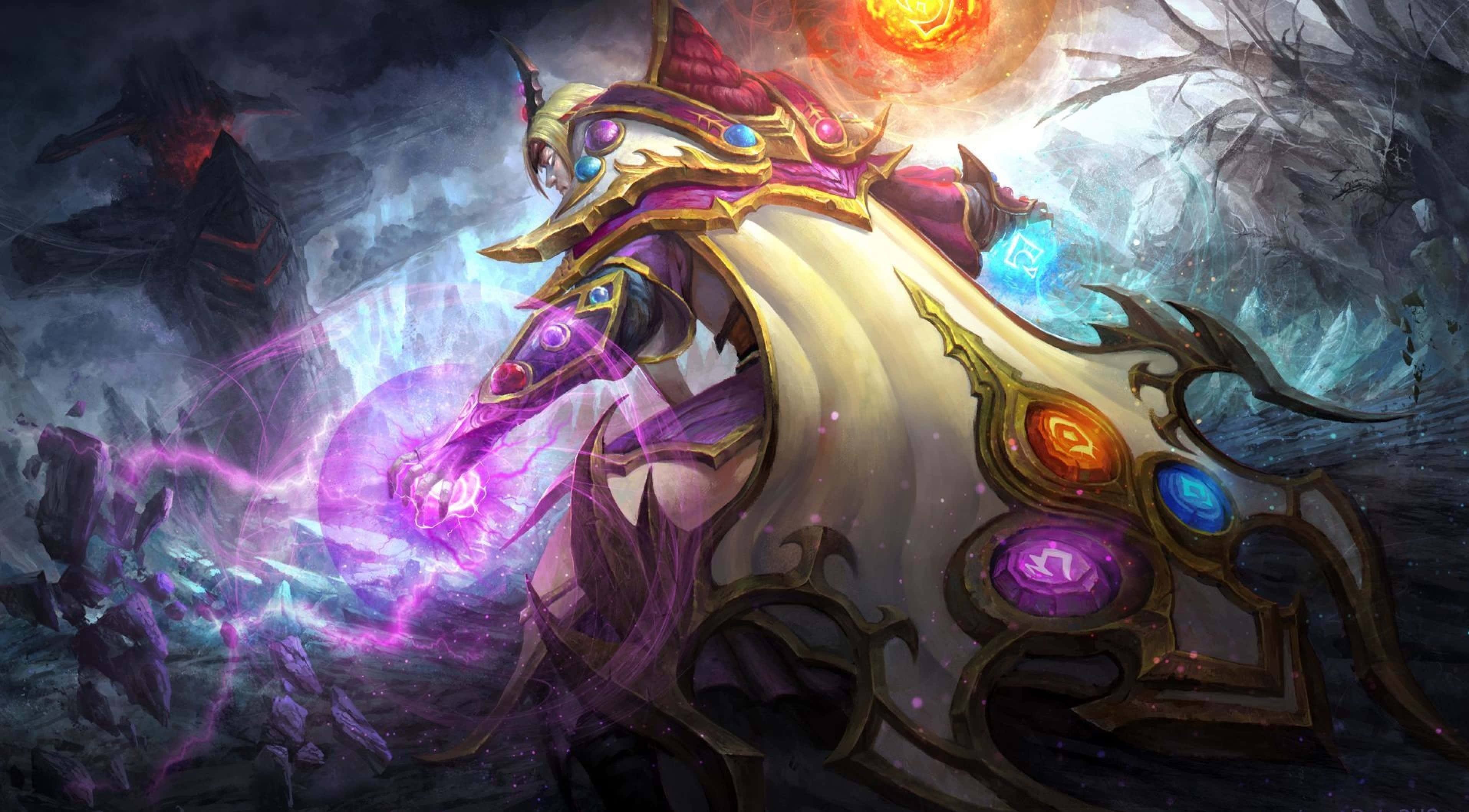 4K Dota 2 背景：召喚者之力 壁紙 — 一位威嚴的裝甲騎士騎著發光的戰馬，在暴風雨背景和熾熱太陽下釋放出紫色能量。